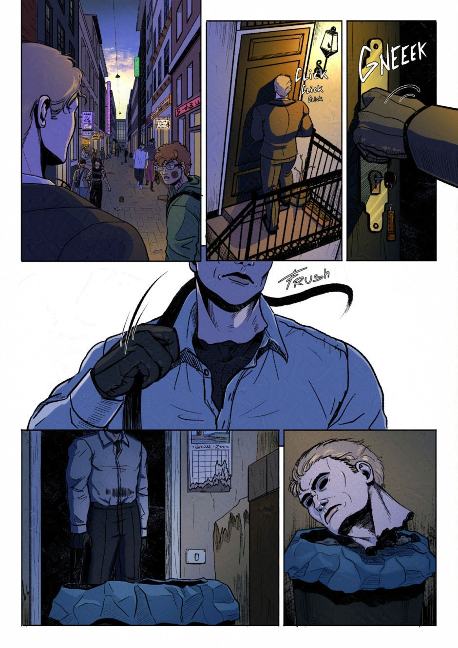 First page of chapter 2 of MaNa. 6 panels. A mysterious man is walking down a street, he opened a door and trows his human-face mask in the bin.