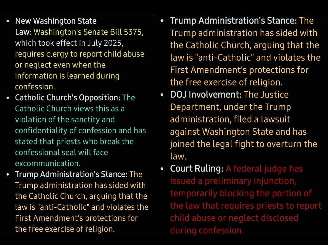 • New Washington State Law: Washington's Senate Bill 5375, which took effect in July 2025, requires clergy to report child abuse or neglect even when the information is learned during confession.
• Catholic Church's Opposition: The Catholic Church views this as a violation of the sanctity and confidentiality of confession and has stated that priests who break the confessional seal will face excommunication.
• Trump Administration's Stance: The Trump administration has sided with the Catholic Church, arguing that the law is "anti-Catholic" and violates the First Amendment's protections for the free exercise of religion.
• DOJ Involvement: The Justice Department, under the Trump administration, filed a lawsuit against Washington State and has joined the legal fight to overturn the law.
• Court Ruling: A federal judge has issued a preliminary injunction, temporarily blocking the portion of the law that requires priests to report child abuse or neglect disclosed during confession.


