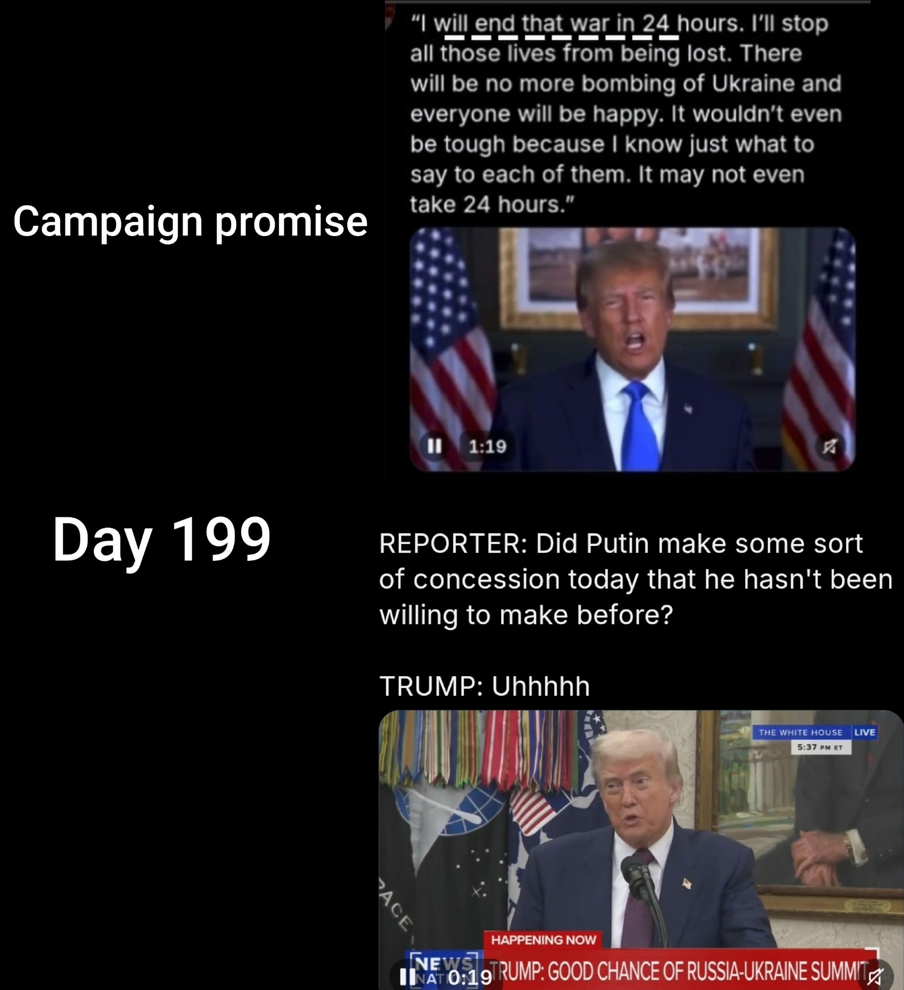 Trump campaign promise- I will end the war in Ukraine in 24 hrs

199 days later
Reporter- did Putin make any concessions 
Trump- uhhh