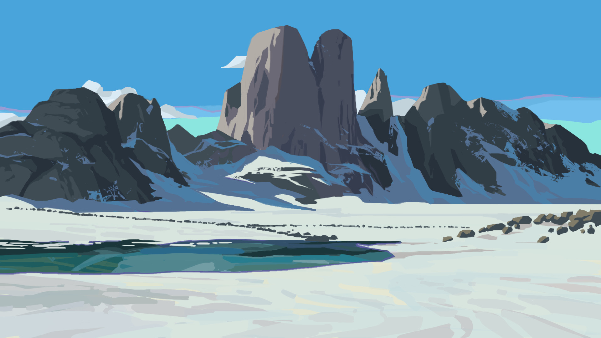 Plein air digital painting of a snowy landscape. 