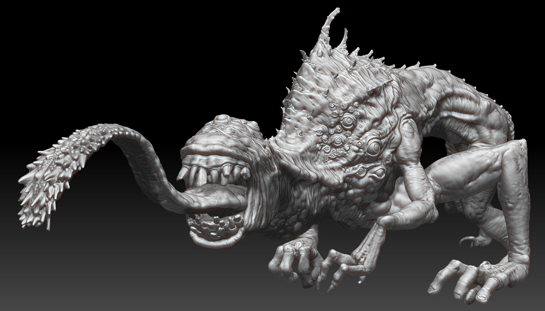 Zbrush render of a twisted mutated creature covered in eyes and with a long tongue. The Snallygaster from Fallout 76.