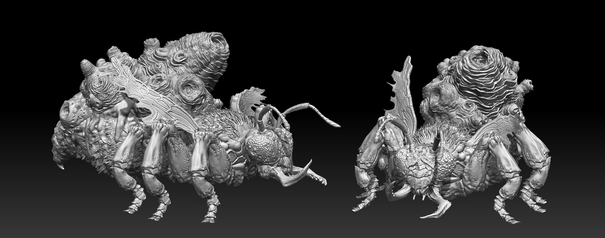 Zbrush render of a mutated giant bee with a hive embedded in/fused with its abdomen.  The Honey-Beast from Fallout 76.