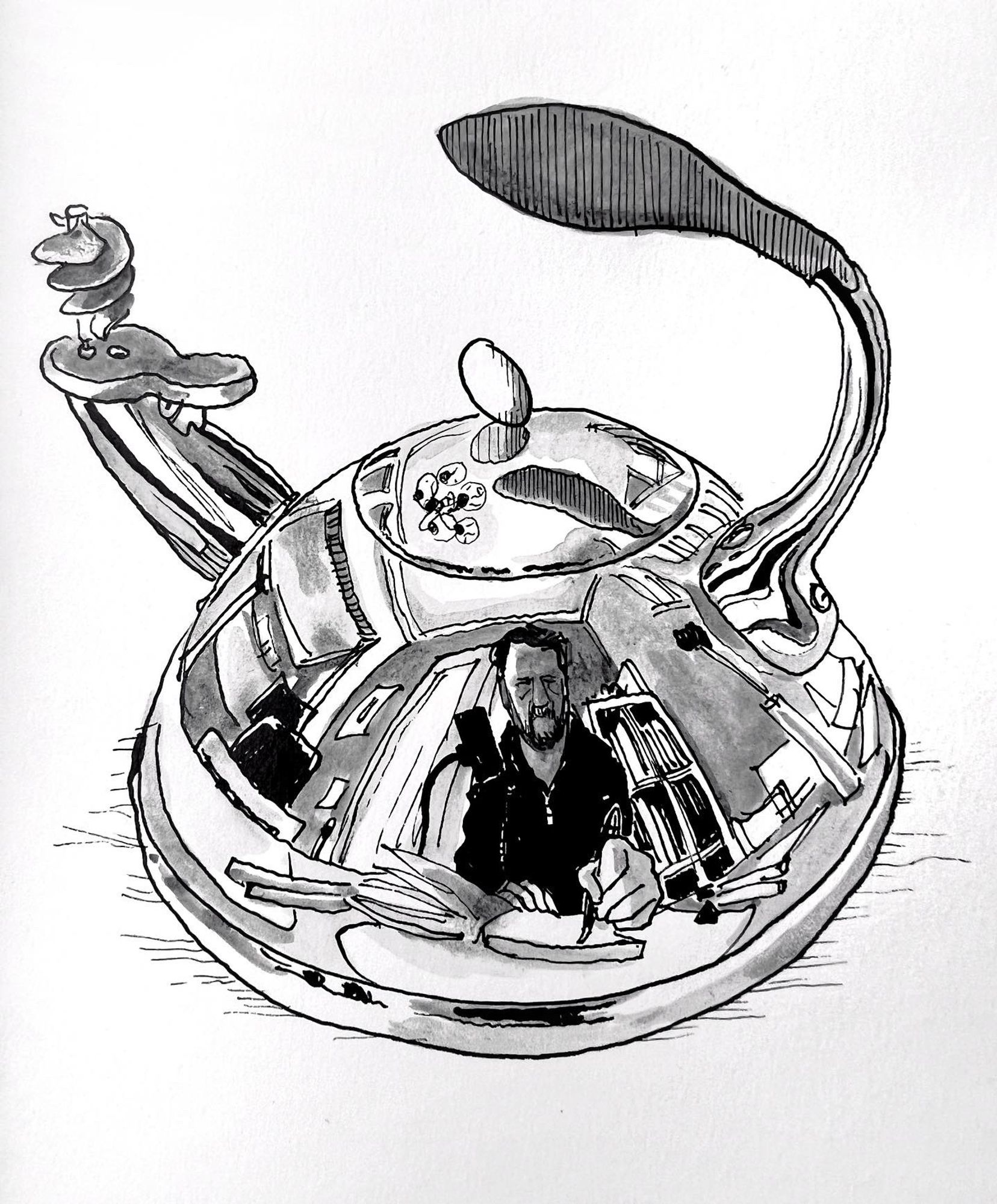 Pen and ink drawing of a chrome teapot with a distorted reflection of the artist and the surrounding room 