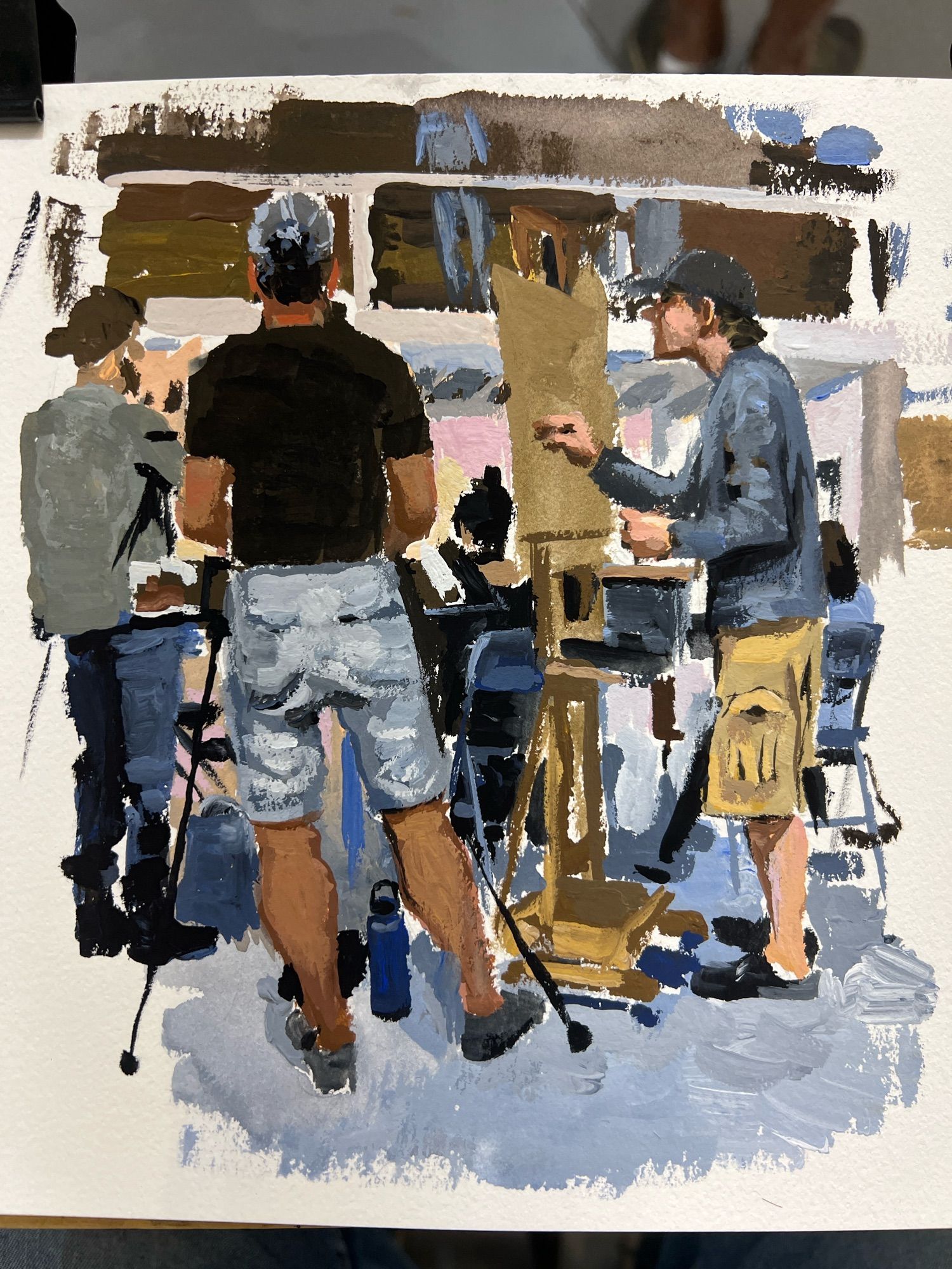 Gouache painting of several figures viewed from behind painting in a large studio.