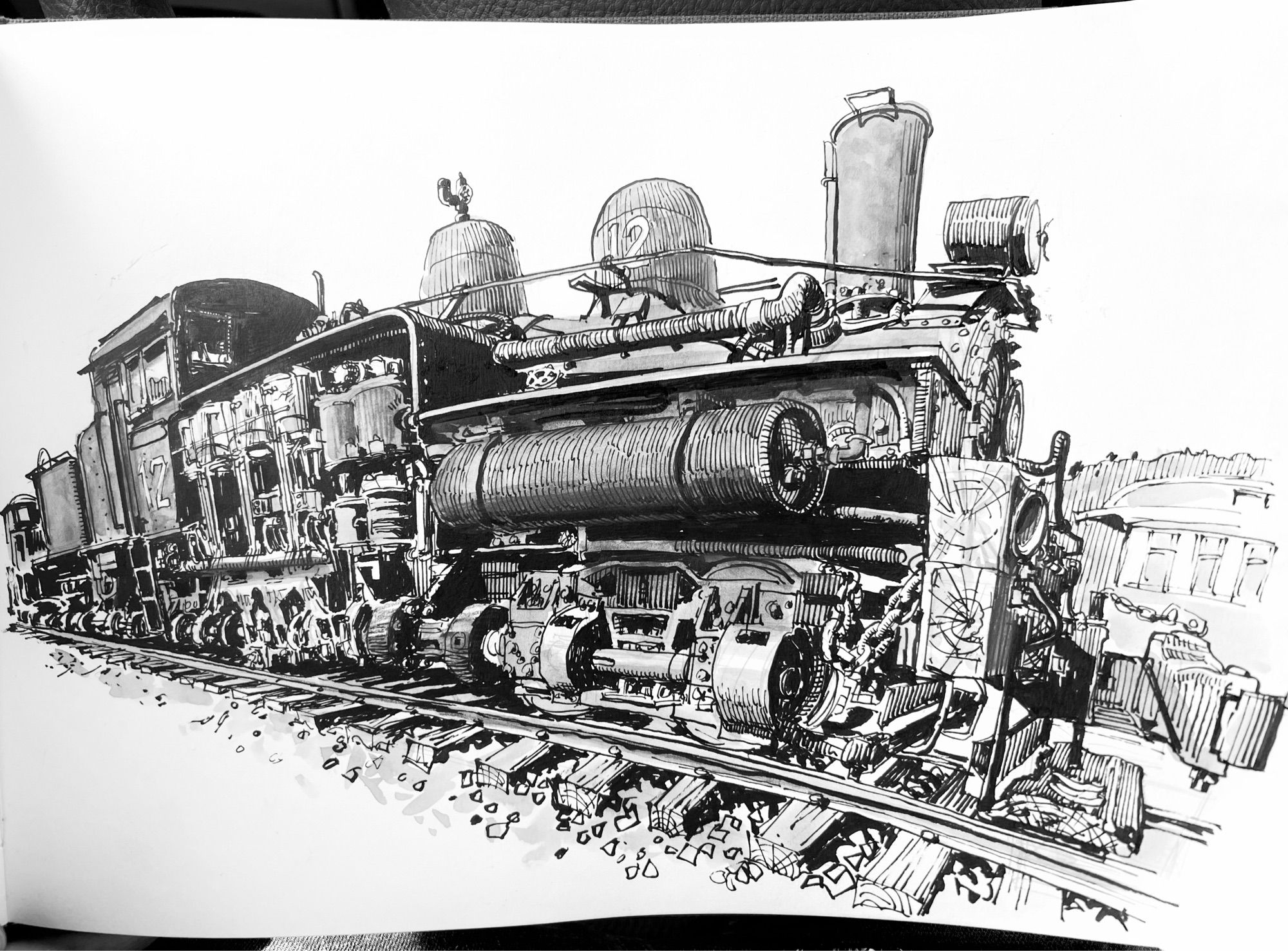 Pen and ink sketch of a Shay locomotive in dynamic perspective 