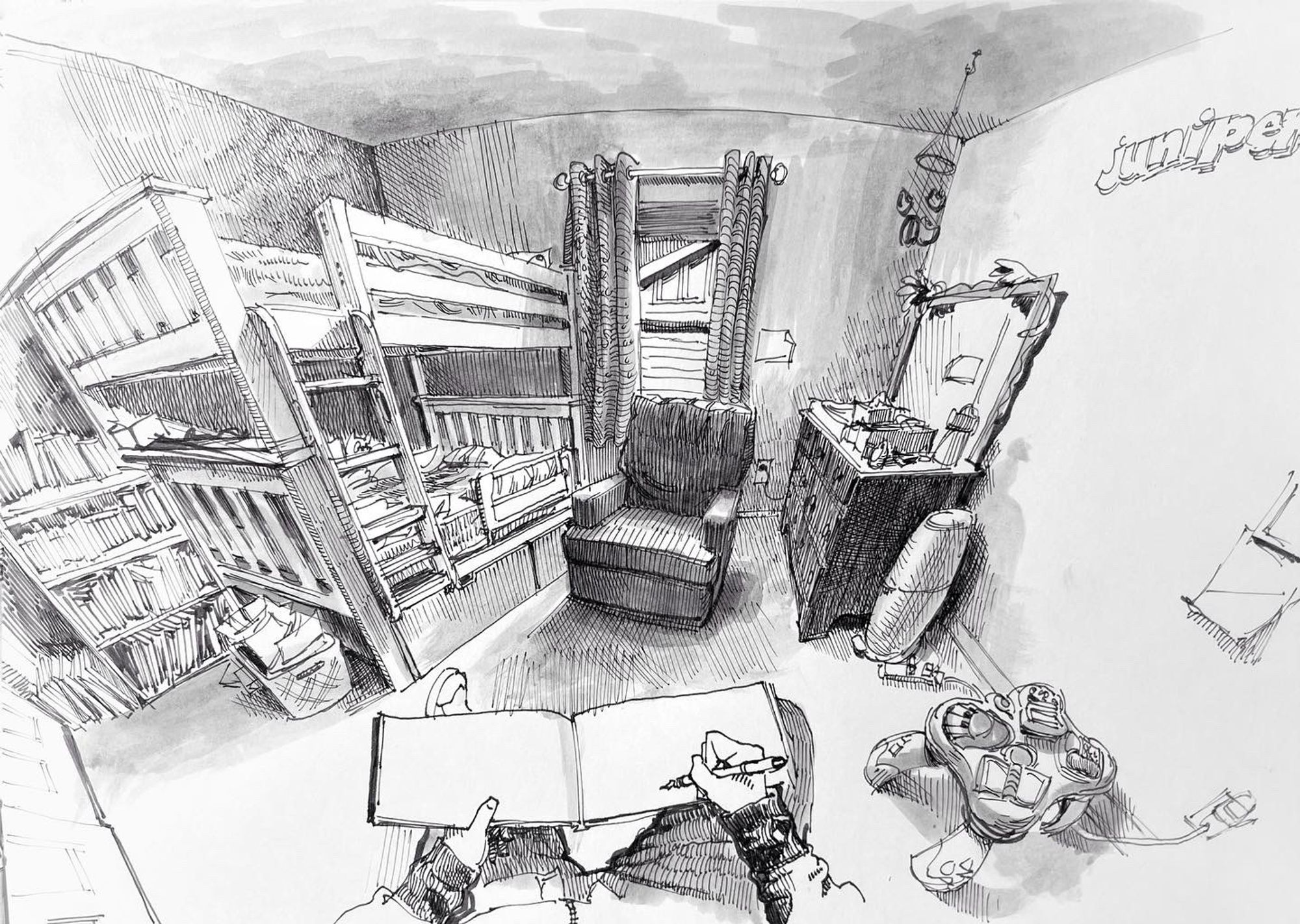 Wide angle pen and ink sketch of a bedroom with a bunkbed in the left, a recliner in the middle and a chest of drawers on the right 