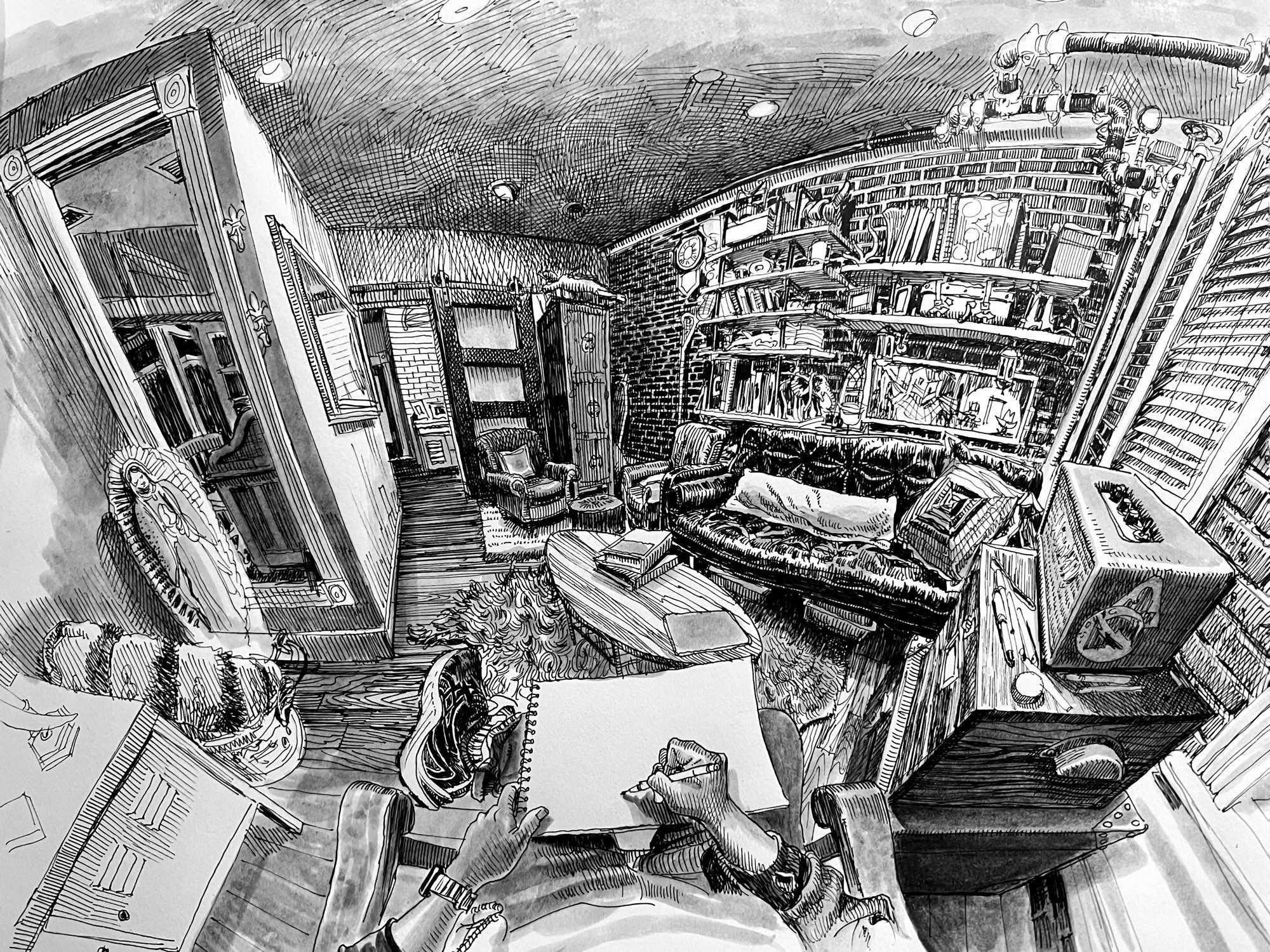 black and white fish-eye style sketch of a room filled with eclectic decor from the artist’s perspective