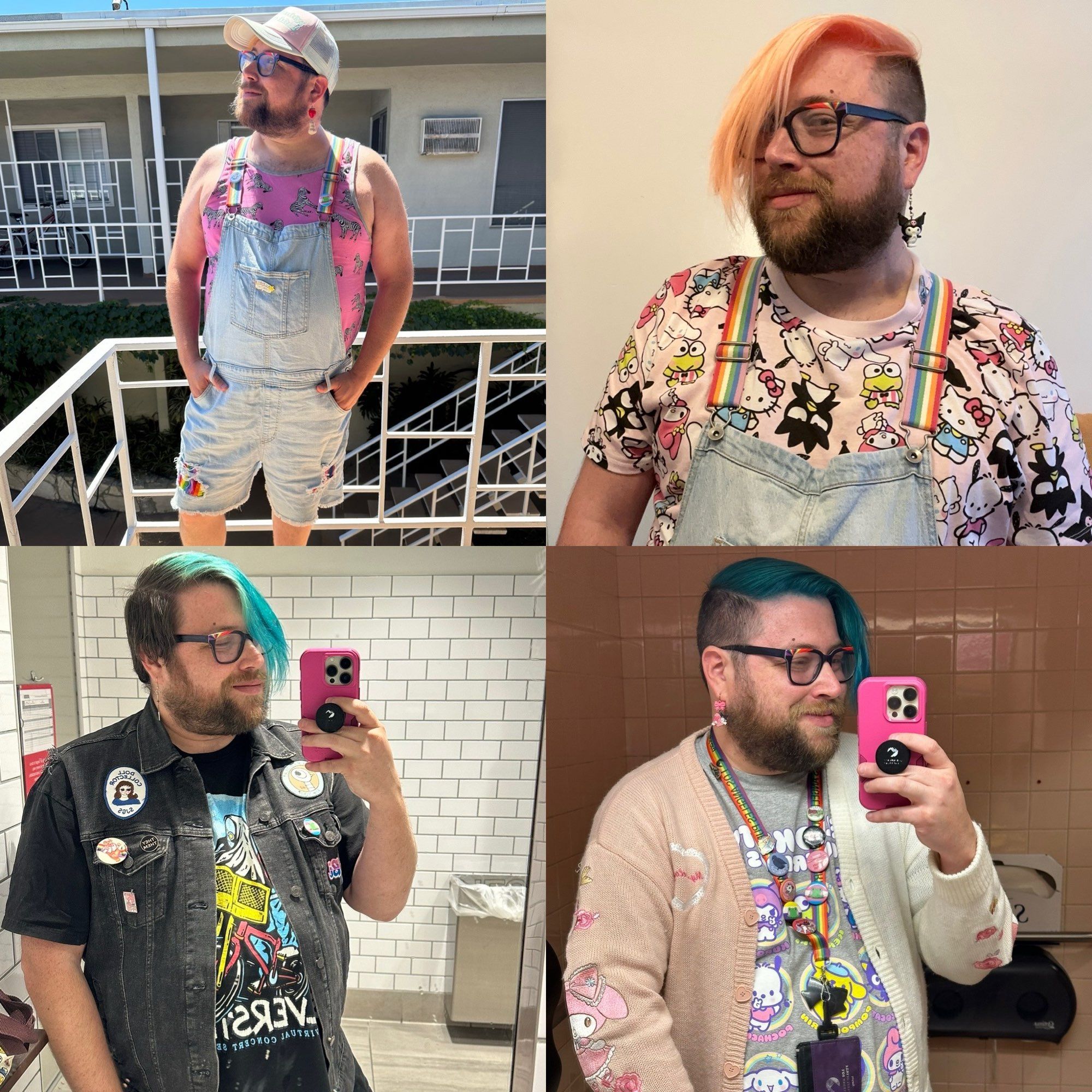 A 4 pic collage of Vincey. Top left is their cute rainbow overalls fit. Top right is another overalls look. Bottom right is Vincey looking cute in their denim vest. Bottoms right is Vincey in their cute My Melody cardigan.