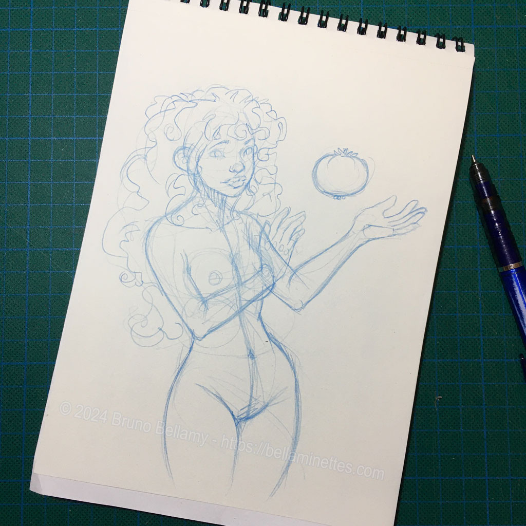 Photo d'un croquis (pour l'instant à l'état d'ébauche à la mine bleue) dans mon carnet à spirale, d'une bellaminette nue et aux cheveux longs et frisés, faisant flotter devant elle, comme par magie, une tomate.