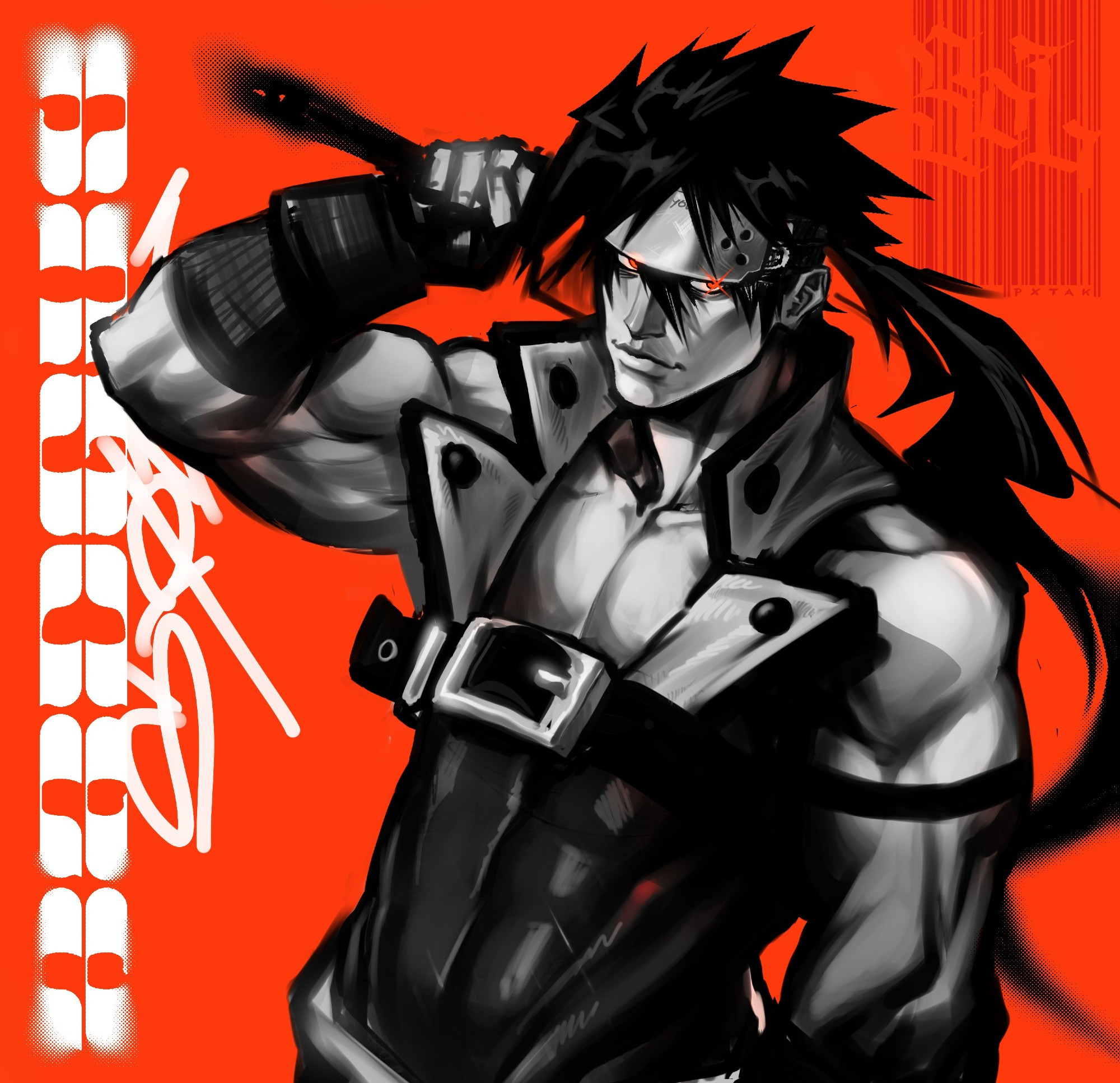 b/w painting of sol badguy, red background, white textured text