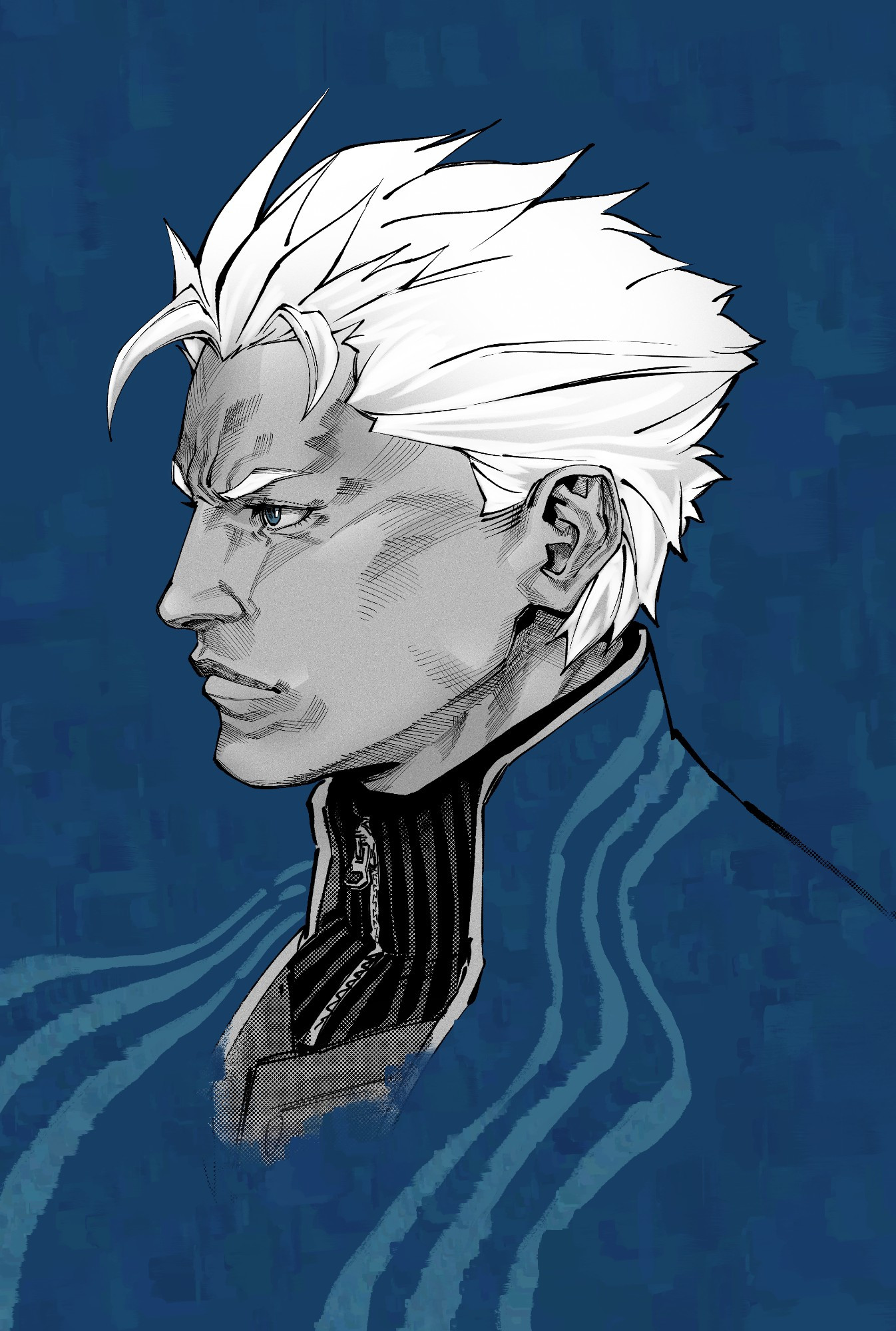 profile of vergil from devil may cry, blue textured background 