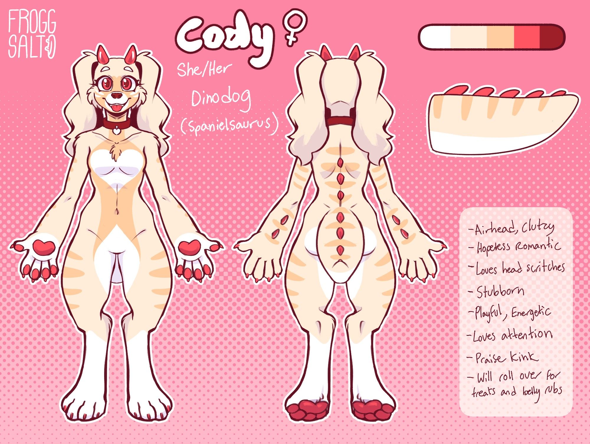 Ref sheet for Cody, a dinodog. She's got blonde fur and red spikes, and darker colored stripes