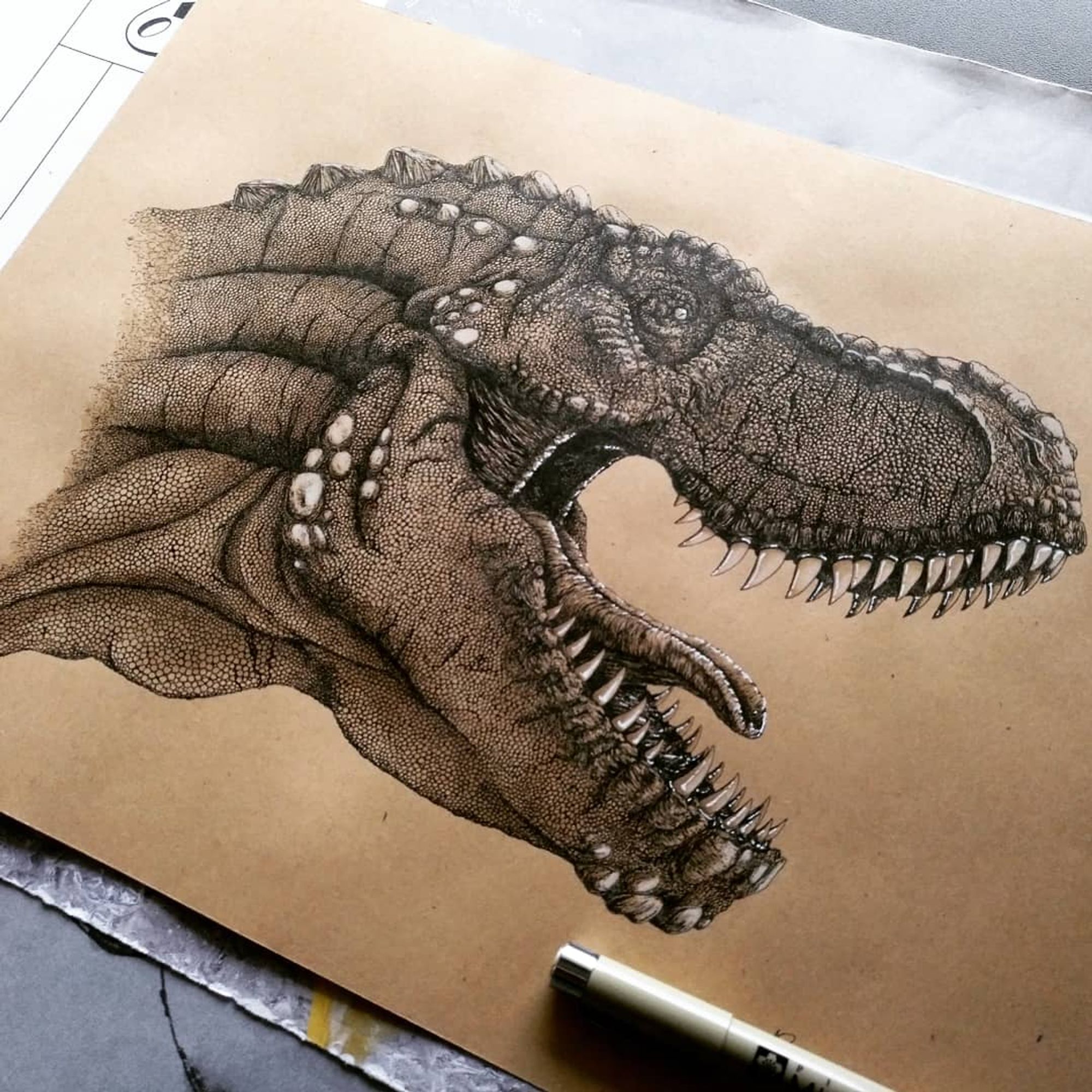 Artwork of an Tyrannosaurus rex, as a portrait. Made with black and white ink on brown paper. Piece for my gallery