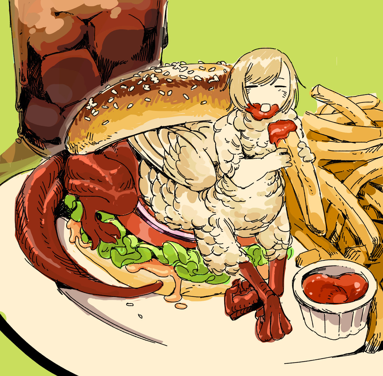 chimera falin from dungeon meshi in a burger eating fries with ketchup