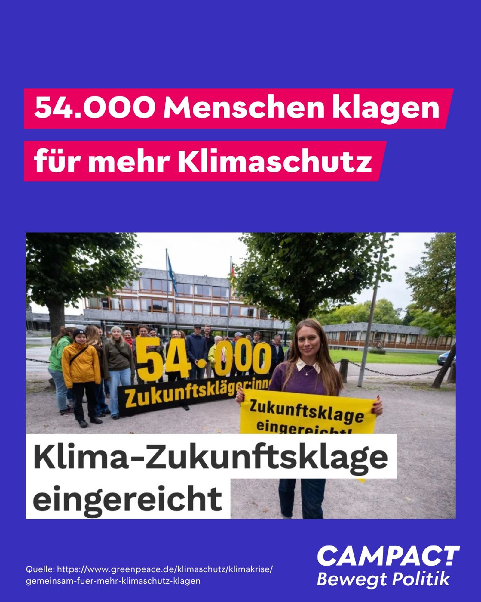 Grafik mit blauem Hintergrund und Foto mit Demo der Klimaklage: 54.000 Menschen reichen eine Klimaklage für mehr Klimaschutz ein, um die Regierung zu ambitionierteren Klimazielen zu verpflichten.