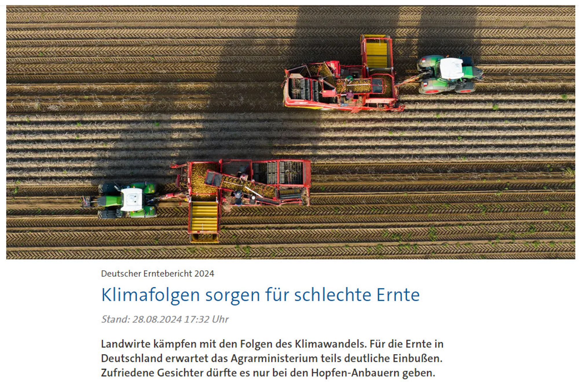 Screenshot eines Artikels mit der Überschrift: "Deutscher Erntebericht 2024 Klimafolgen sorgen für schlechte Ernte"