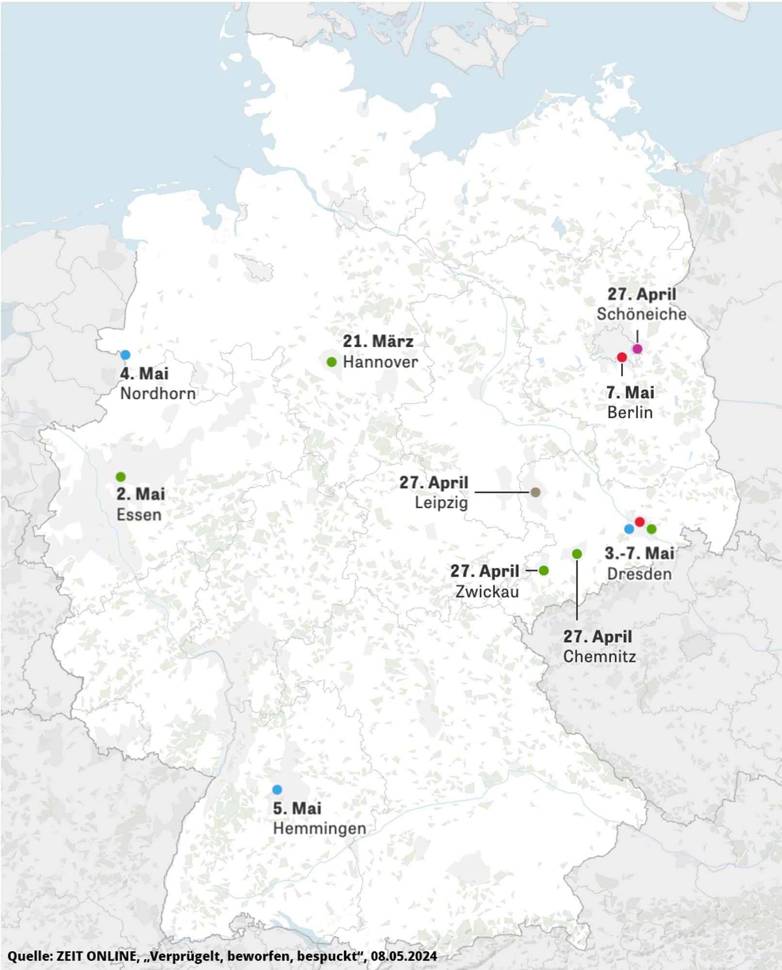 Karte von ZEIT ONLINE auf der die aktuellen Fälle von Angriffen auf Politiker*innen dokumentiert sind: 21. März Hannover, 27. April Schöneiche, 27. April Leipzig, 27. April Zwickau, 27. April Chemnitz, 2. Mai Essen, 4. Mai Nordhorn, 5. Mai Hemmingen, 3.-7. Mai Dresden, 7. Mai Berlin.