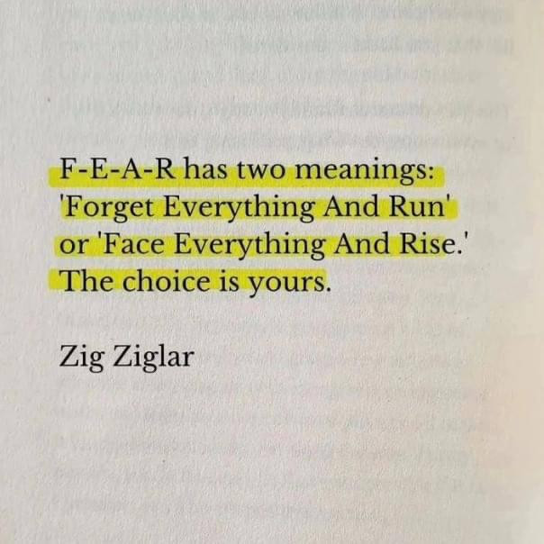 Fear has two meanings: Forget everything and Run or Face Everything and Rise.  The Choice is yours.

Zig Ziglar