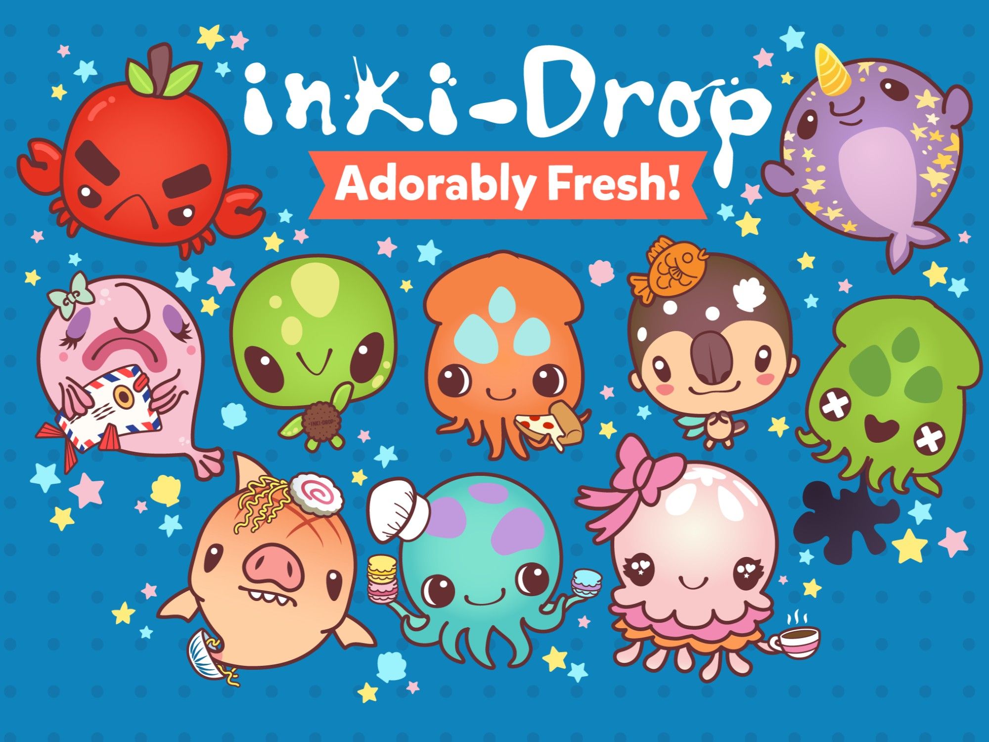 Center top text reads: inki-Drop, center bottom text reads: Adorably Fresh!

Ten different kawaii style sea creature characters are in this artwork.

Top row, left to right: Crabapple, Starwhal the narwhal
Second row: Blobette the blob fish, Mint Chocoturtle the sea turtle, Gummy Ika the squid, Eclair the pastry otter, Toxika the squid
Third Row: Pork Chomp the Ramen Shark, Sweetoof the Octopus, Jellyblub the jellyfish