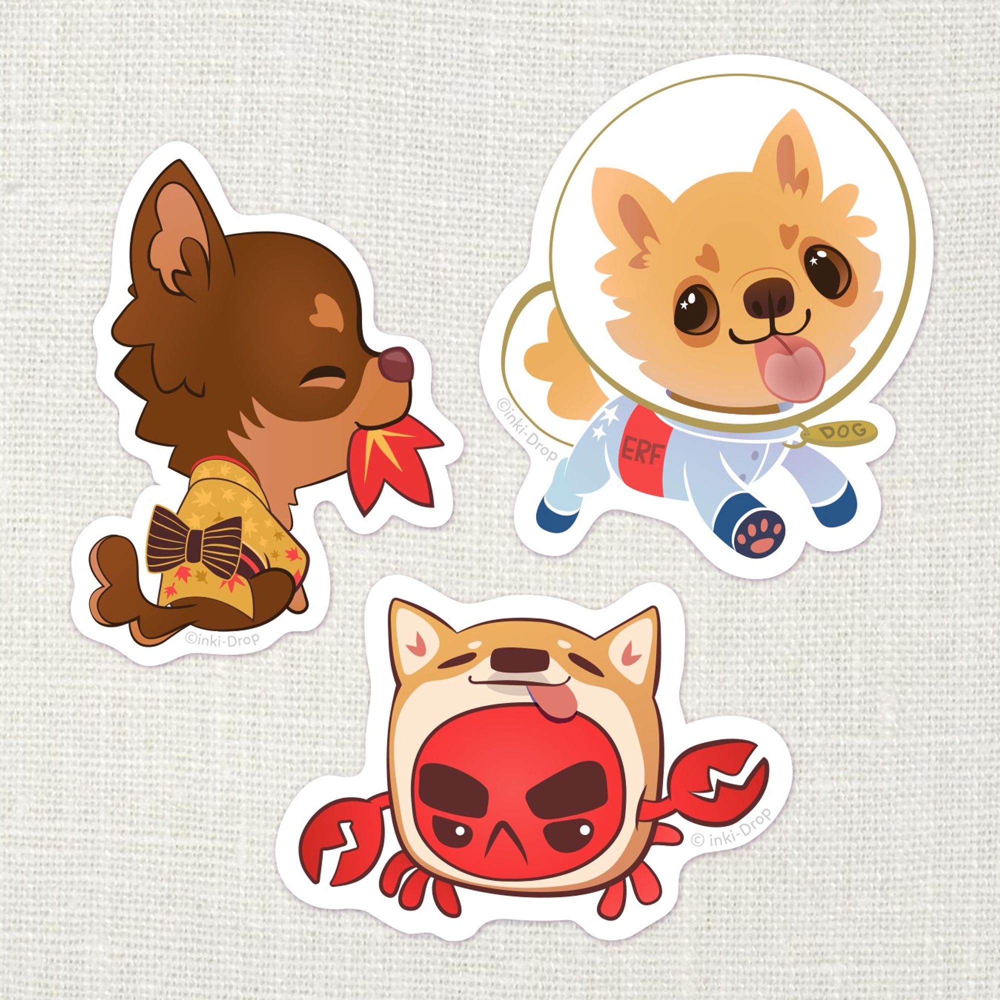 Top left to right: Chihuahua in a fall-themed kimono with a red leaf in its mouth. Chihuahua with a spacesuit. He has a helmet on his tail and his head, and is licking the inside of the glass. 
Bottom row: Crabapple wearing a shiba inu hat.