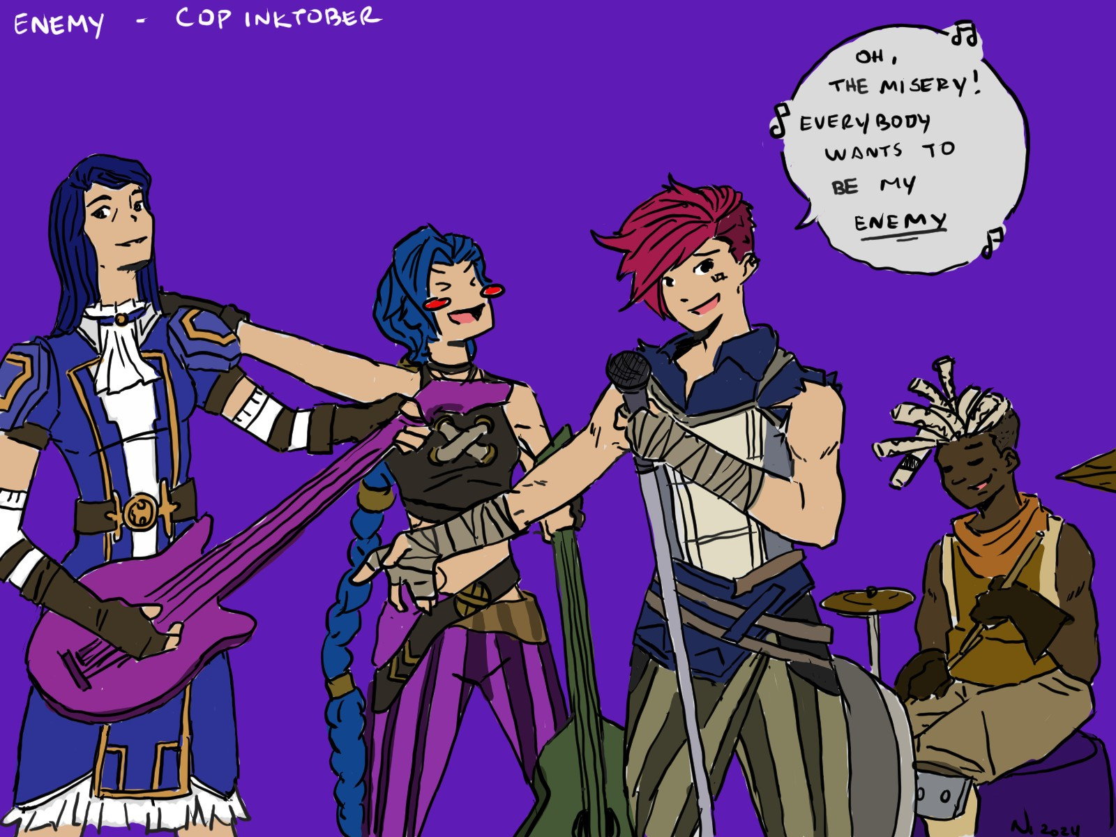 vi, caitlyn, jinx and ekko imagining as band members of imagine dragons.