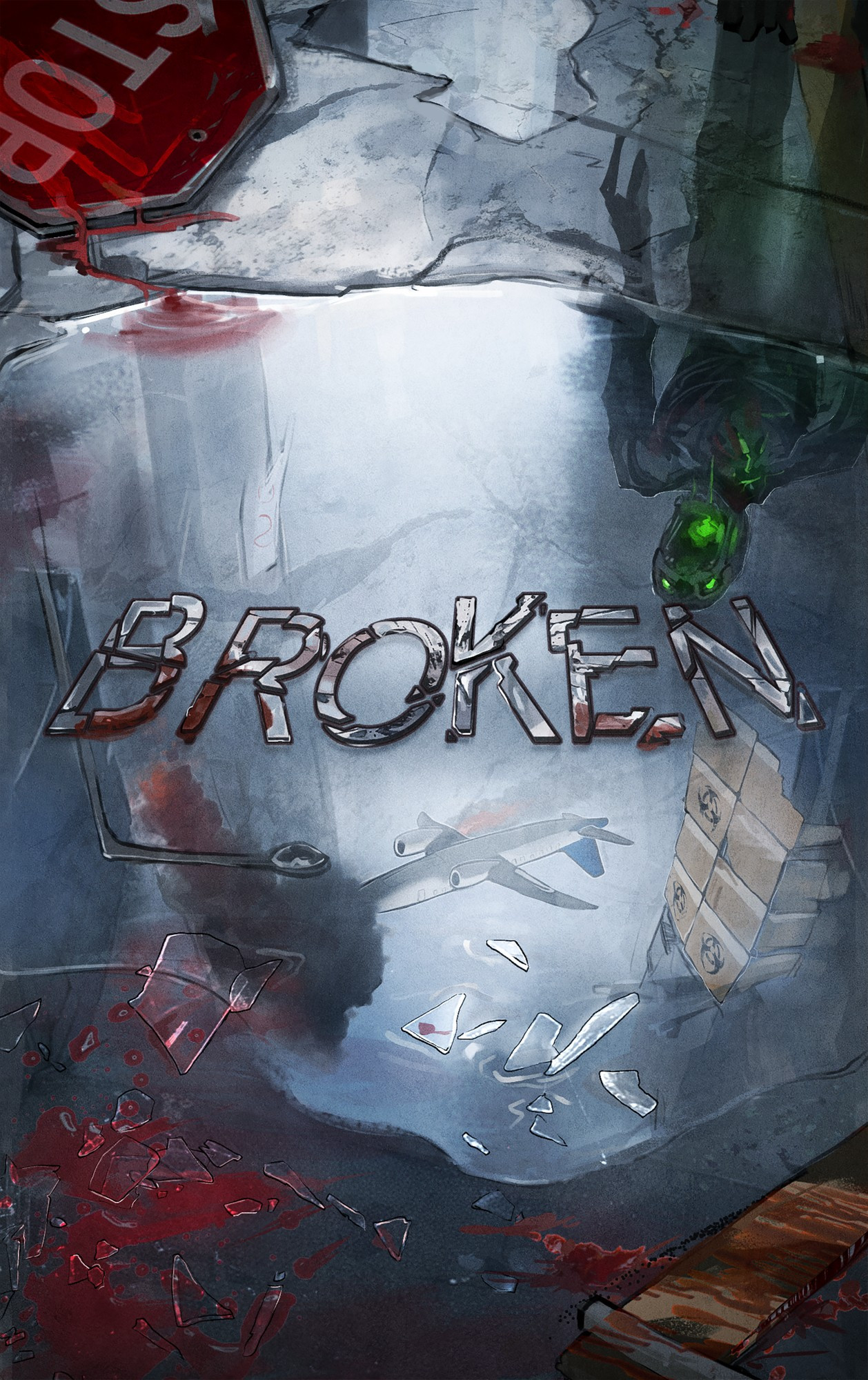 A movie style poster. A puddle reflecting a crashing plane, a zombie, biohazard signs on buildings. Blood and broken glass surrounds the puddle.