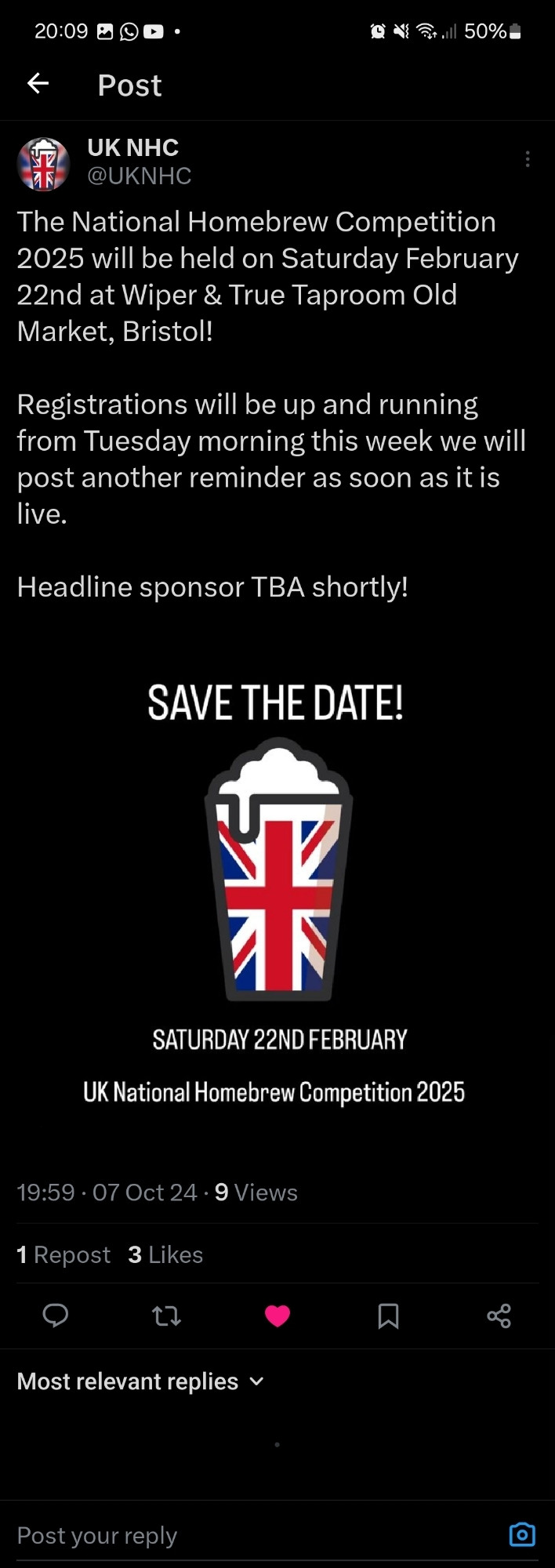 A screenshot of a twitter post to save the date for the 2025 UK National Homebrew Competition on Saturday 22nd February 2025