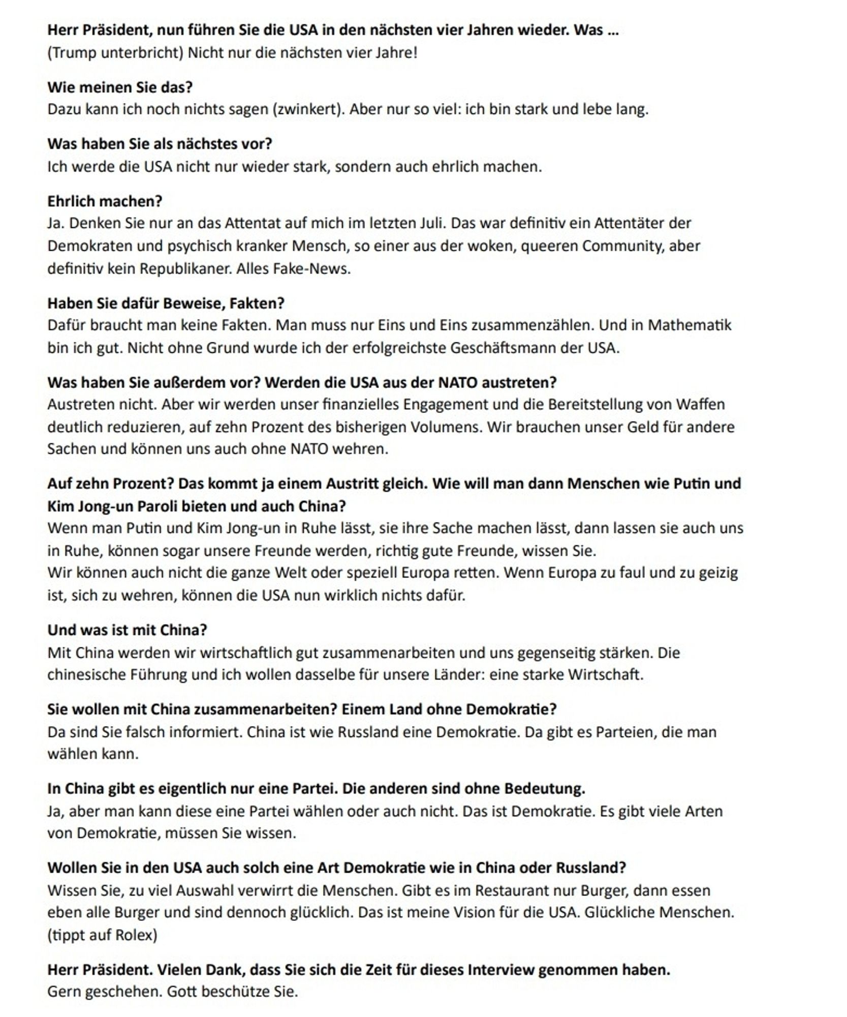 Screenshot fiktives Interview mit Präsident Trump