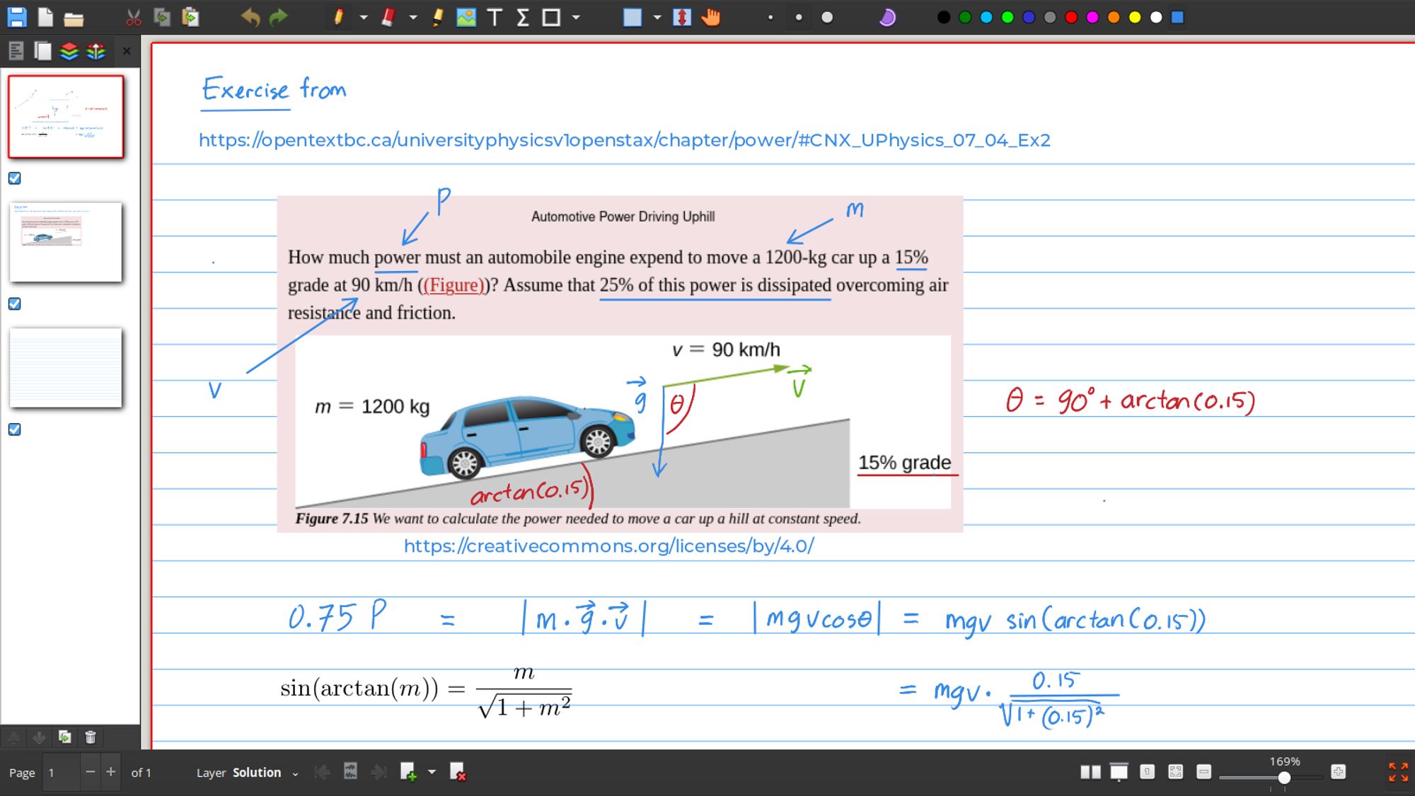 Exercício de física sendo feito numa "página de caderno" do Xournal++