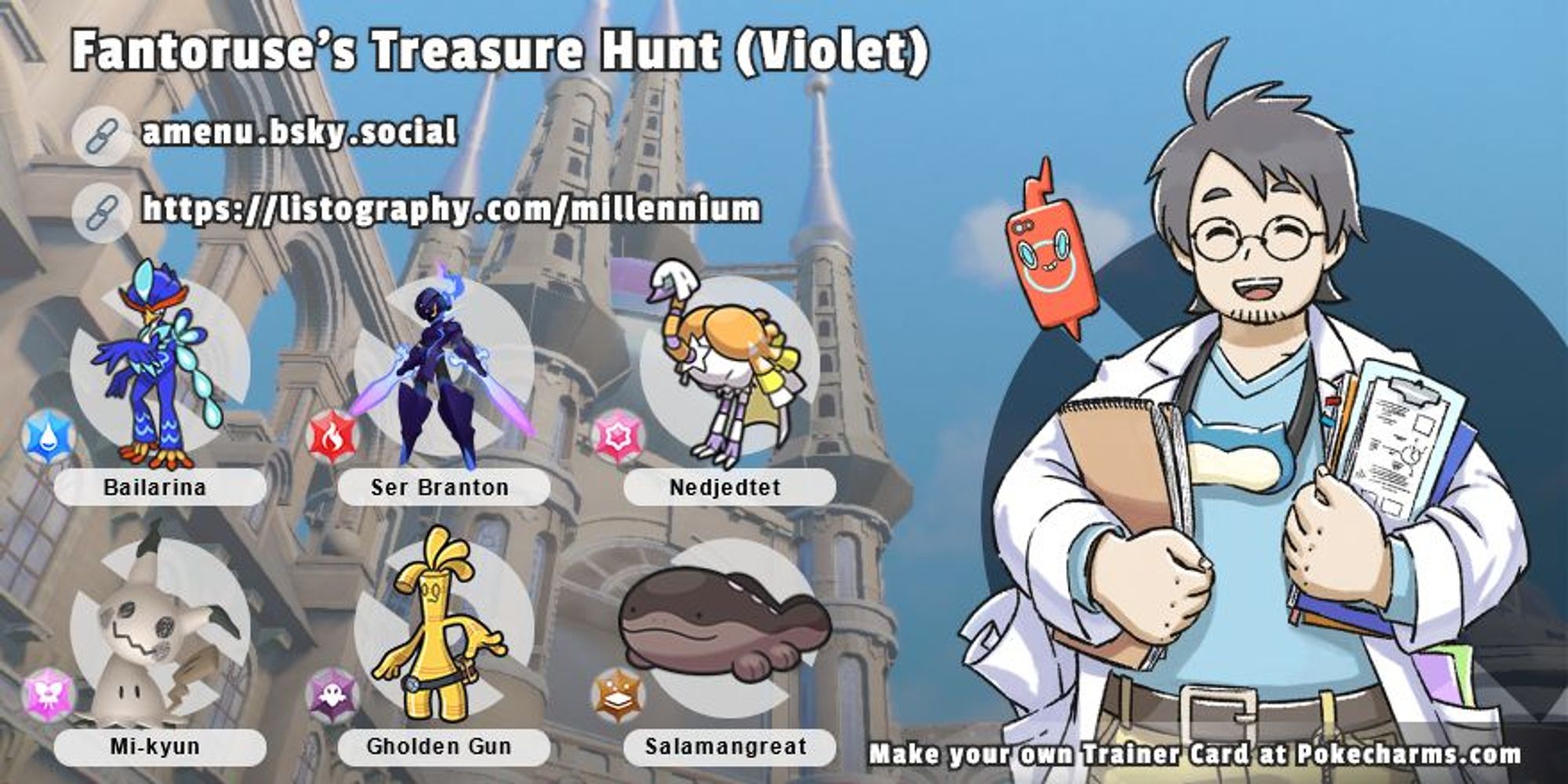 Trainer card showing Quaquaval named Bailarina, Shiny Ceruledge named Ser Branton, Espathra named Nedjedtet, Shiny Mimikyu named Mi-Kyun, Gholdengo named Gholden Gun, and a Clodsire named Salamangreat. Trainer on card is a rotund professor with glasses, clipboard, paperwork and Rotom Phone. Background is Uva Academy.