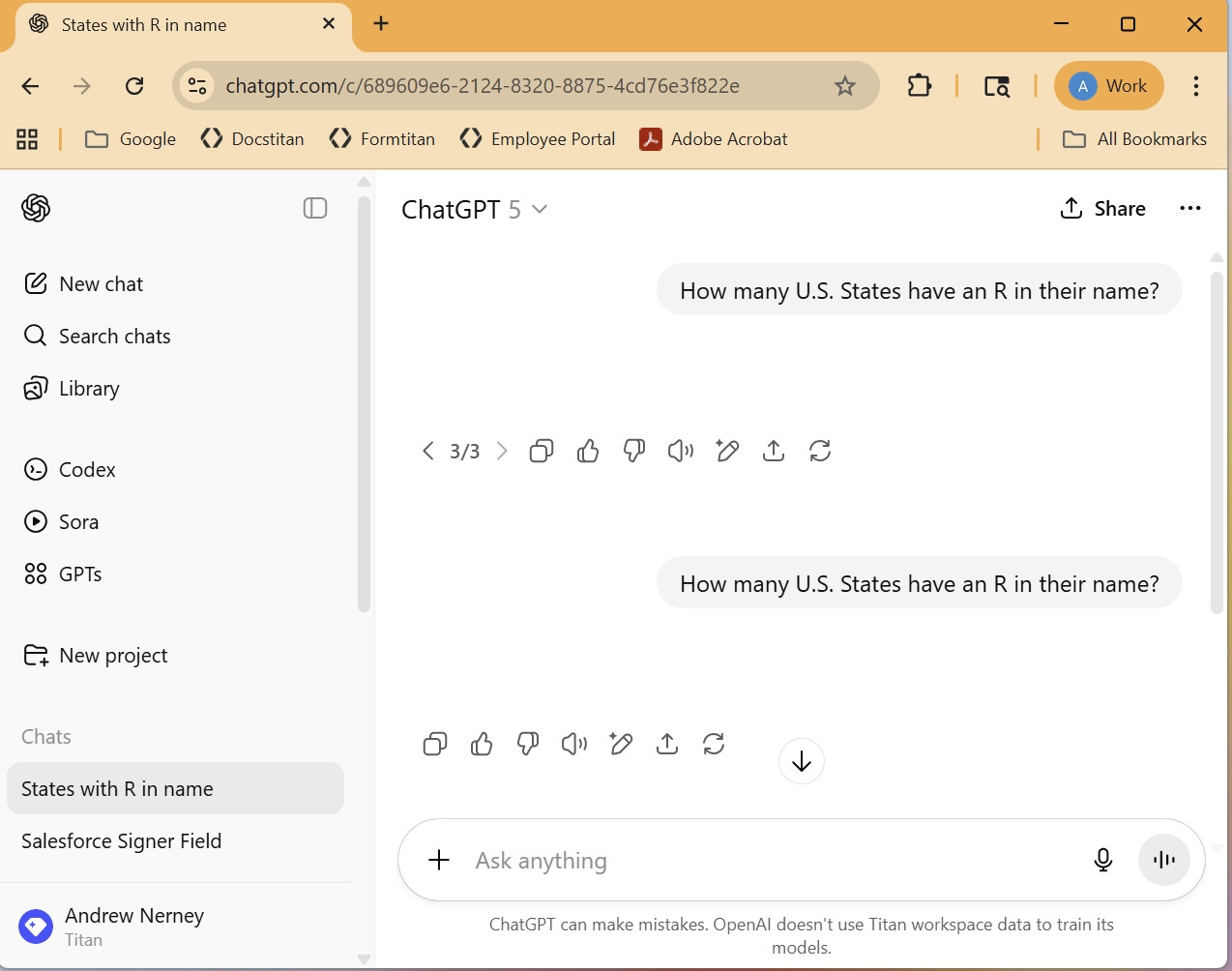 ChatGPT 5 chokes and fails to even respond to the prompt "How many U.S. States have an R in their name?"