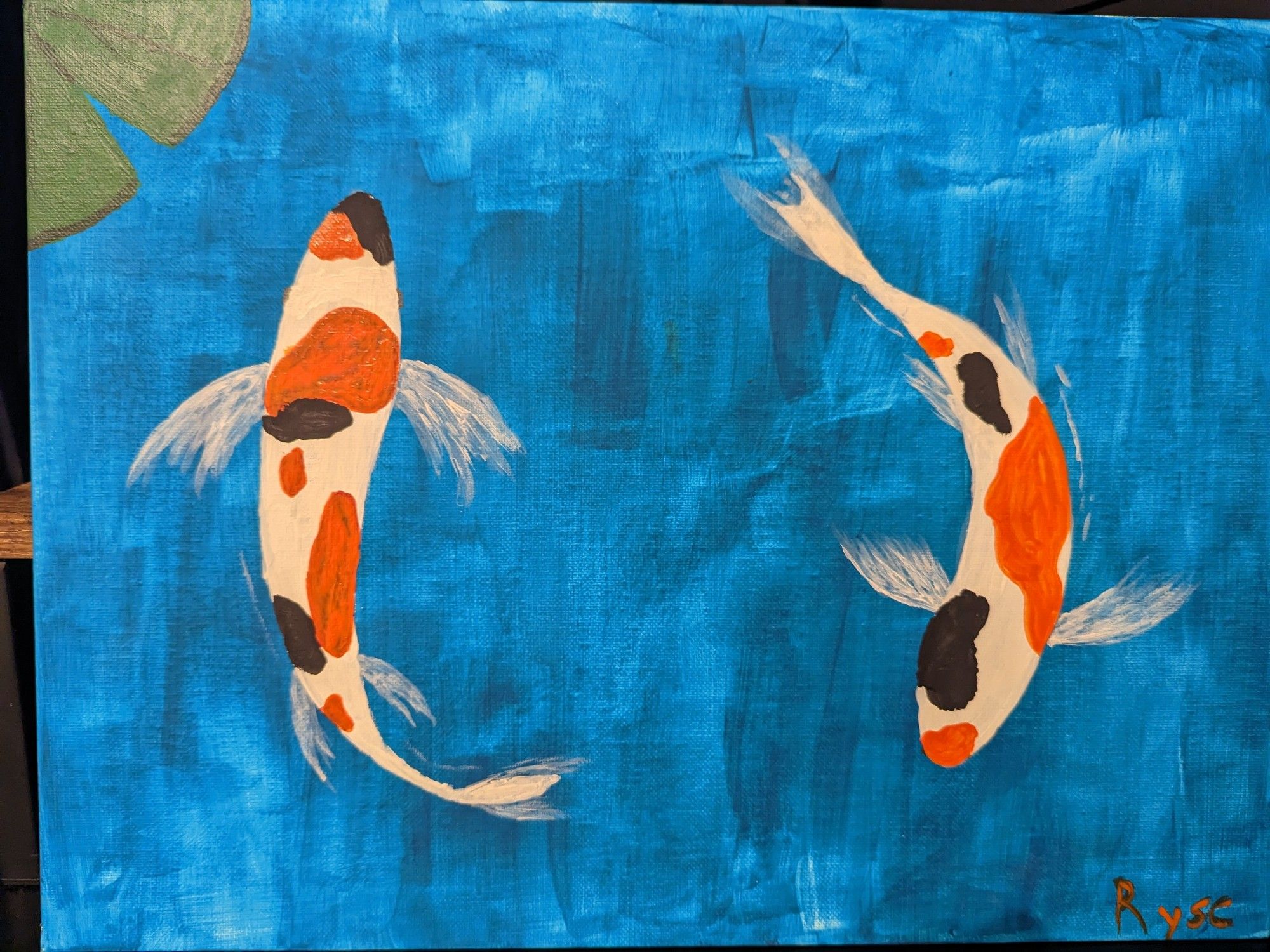 Acrylic painting of two Koi on a blue background with a lillypad.