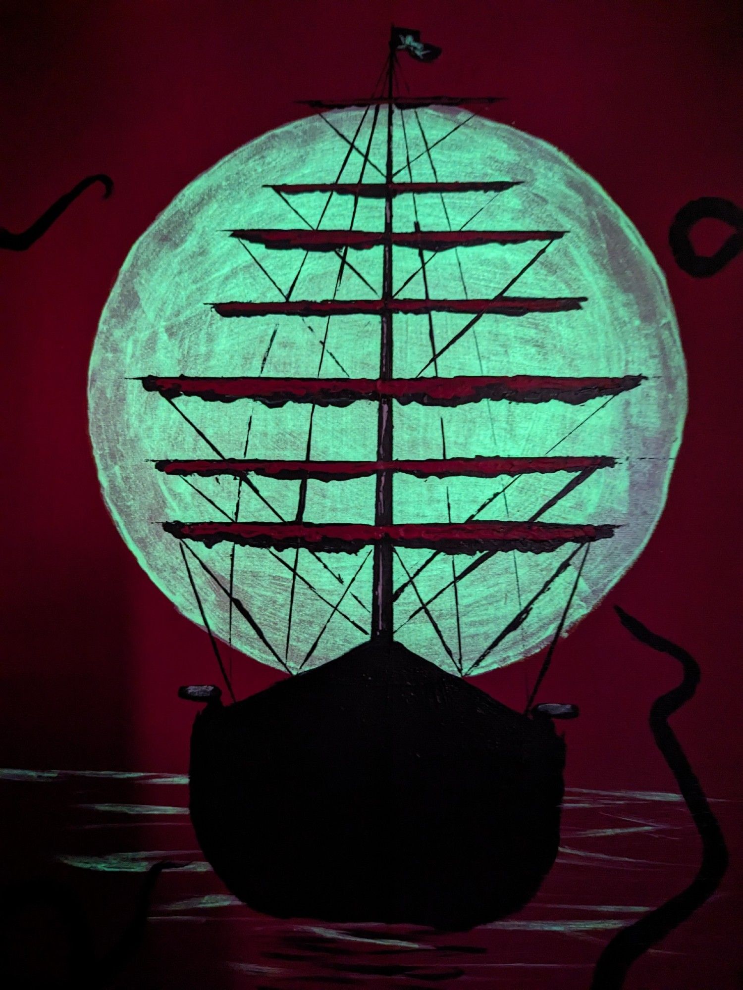 aft silhouette of a galleon sailing on a blood red sea into a glowing moon while tentacles reach out of the water..