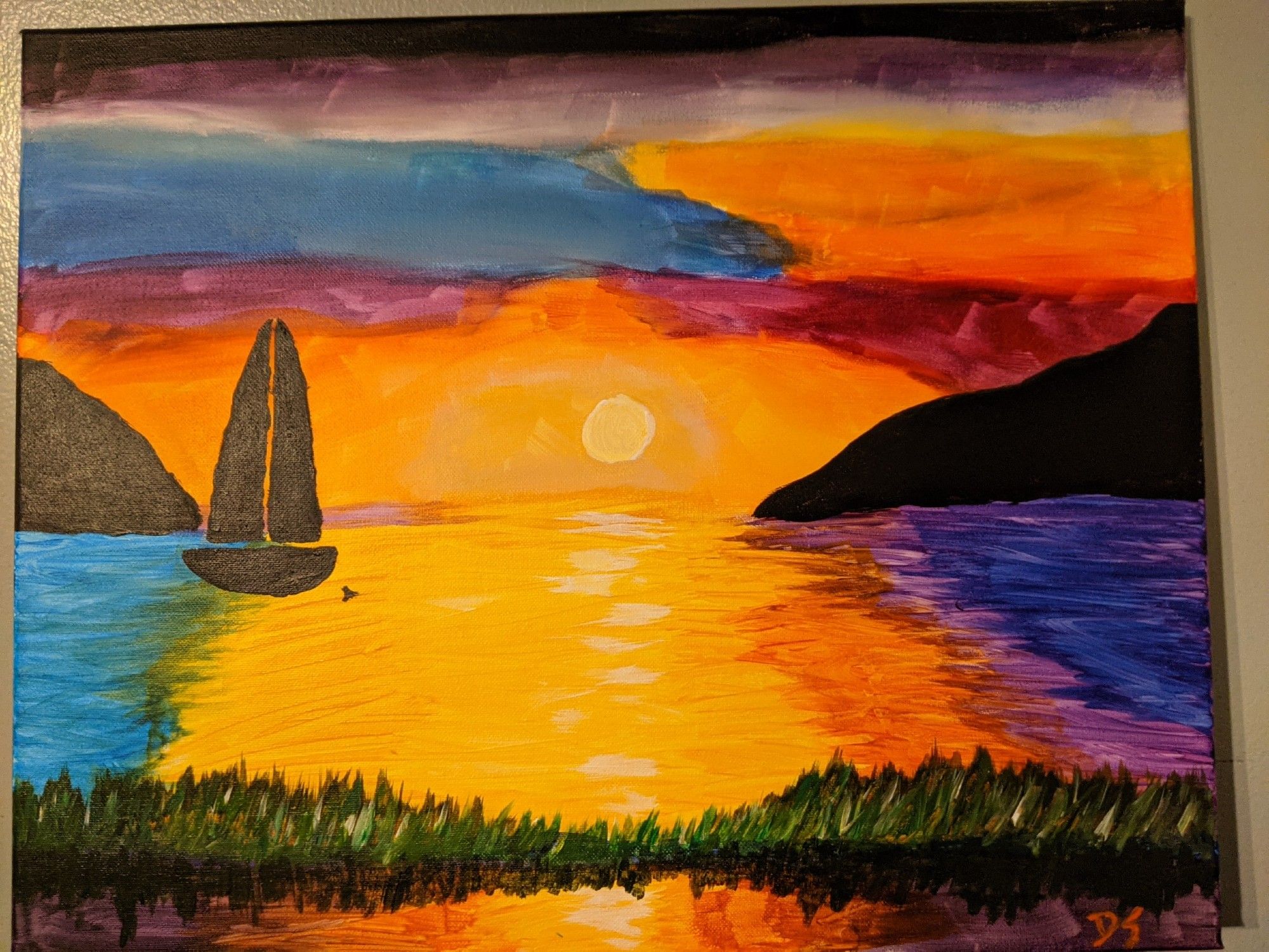 Sunset over a bay with a sailboat and the hint of a mermaid tail.