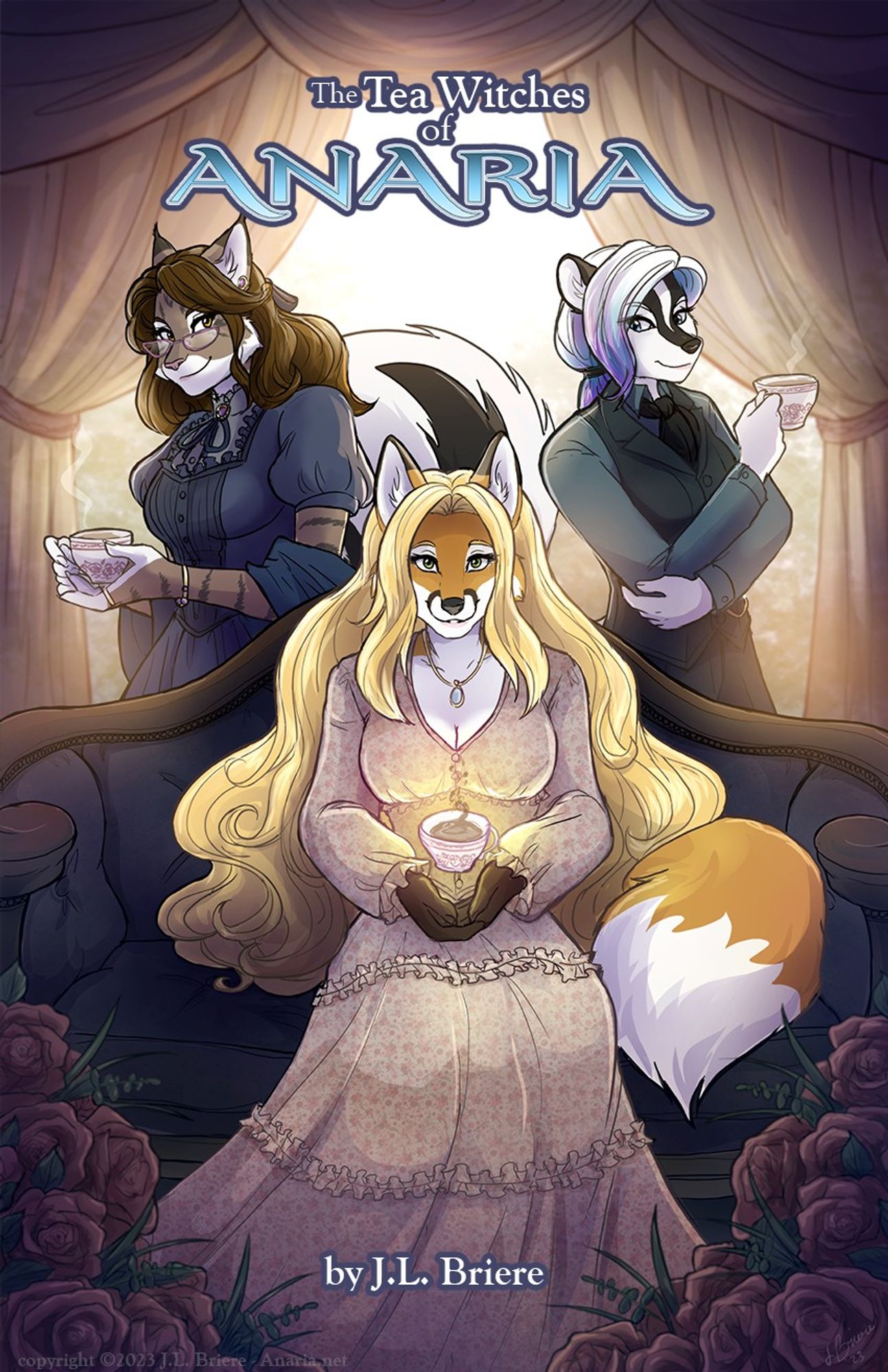 The Tea Witches of Anaria comic cover. It has a blonde fox woman in the front casting magic to make her tea cup float. A bobcat woman and skunk woman are in the background holding tea cups.