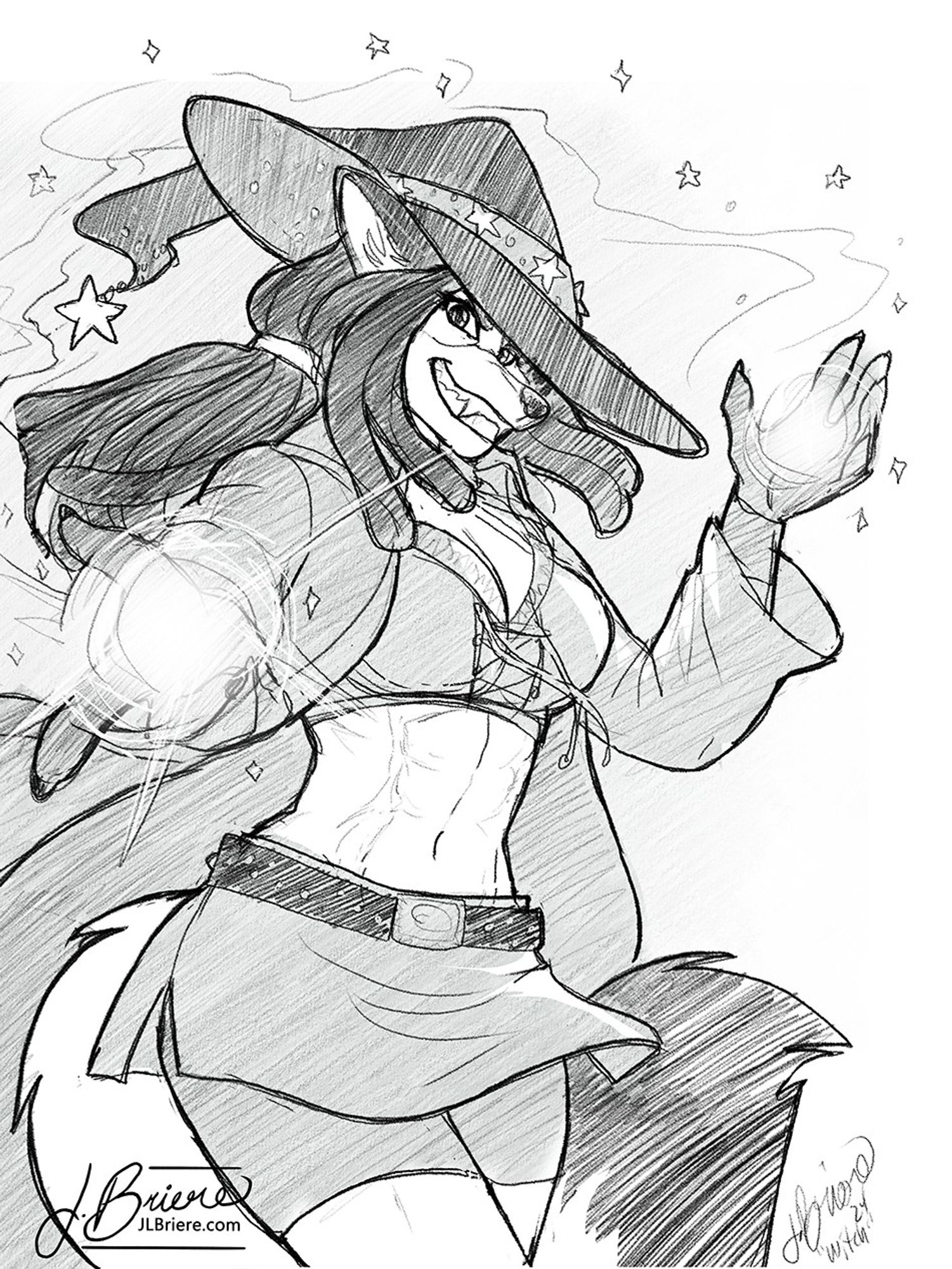 Fox woman with dreadlocks in a witch outfit casting magic.