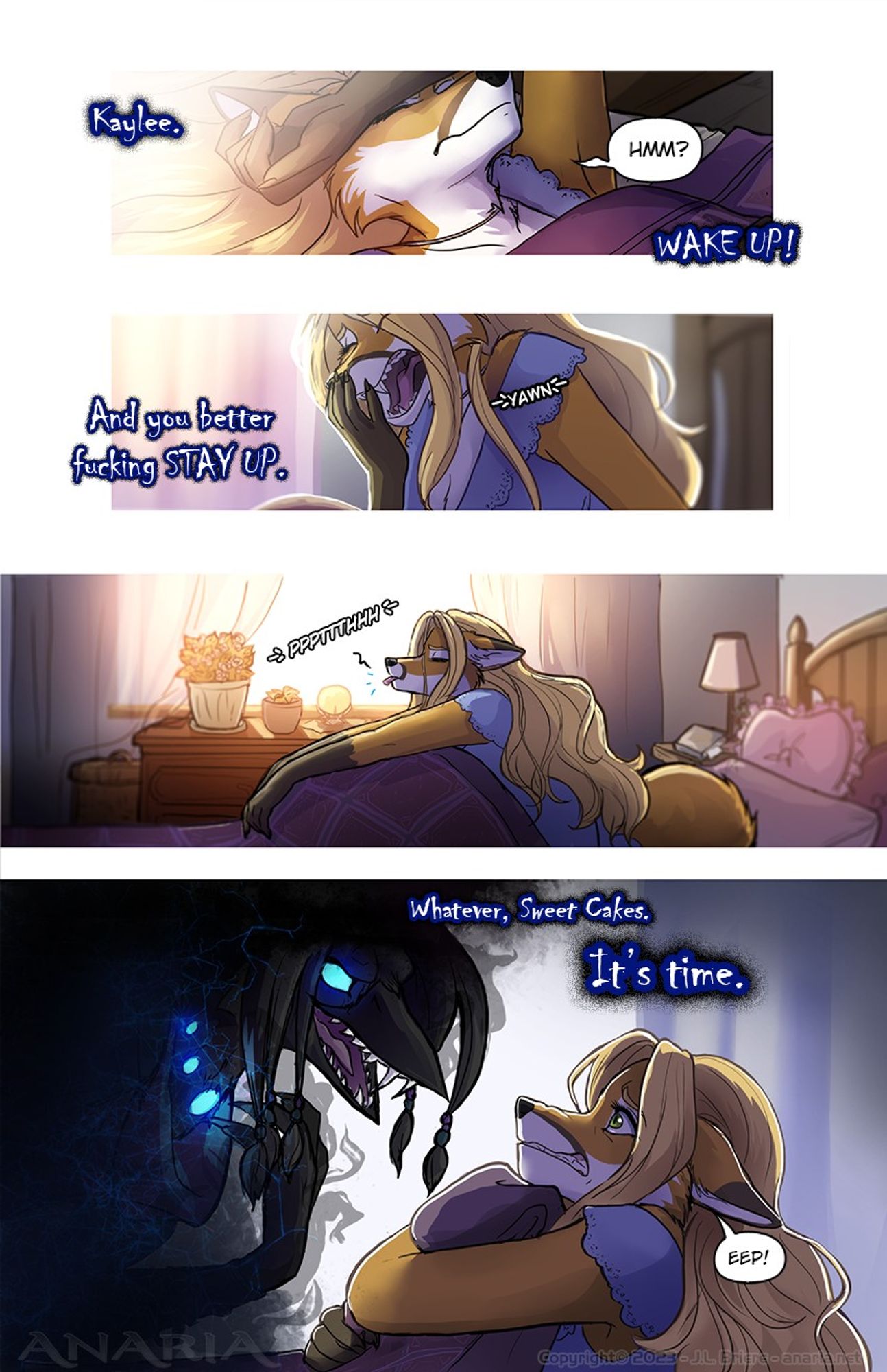 A comic page from Anaria of Shellari the bird demon telepathically telling Kaylee to wake up. If anyone is low vision and actually reading this let me know and I'll type it all out, including the other pages with detailed descriptions of the images. I just feel really ill right now.