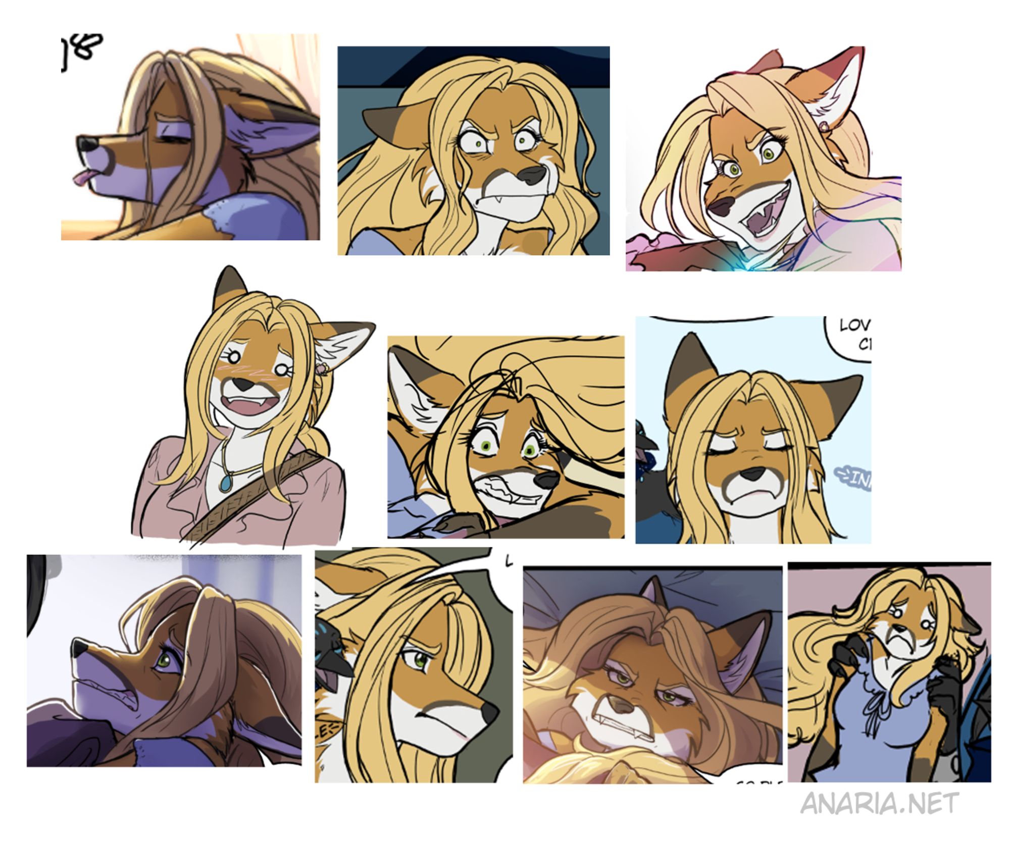 different expressions of a fox woman. She's a really woman, but is making all sorts of ugly expressions.