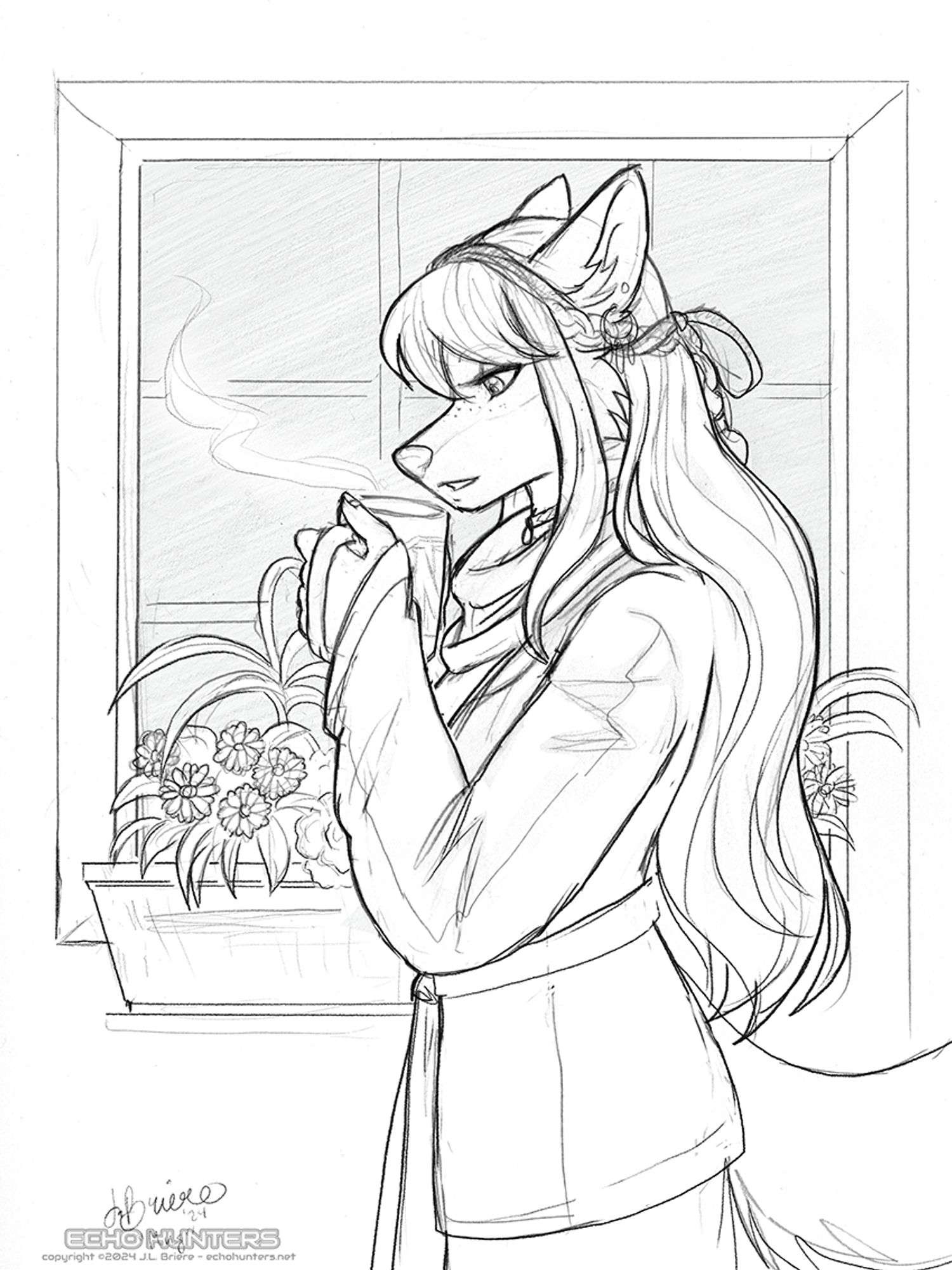 Sketch of a fox woman blowing the steam off of a mug containing a hot drink.