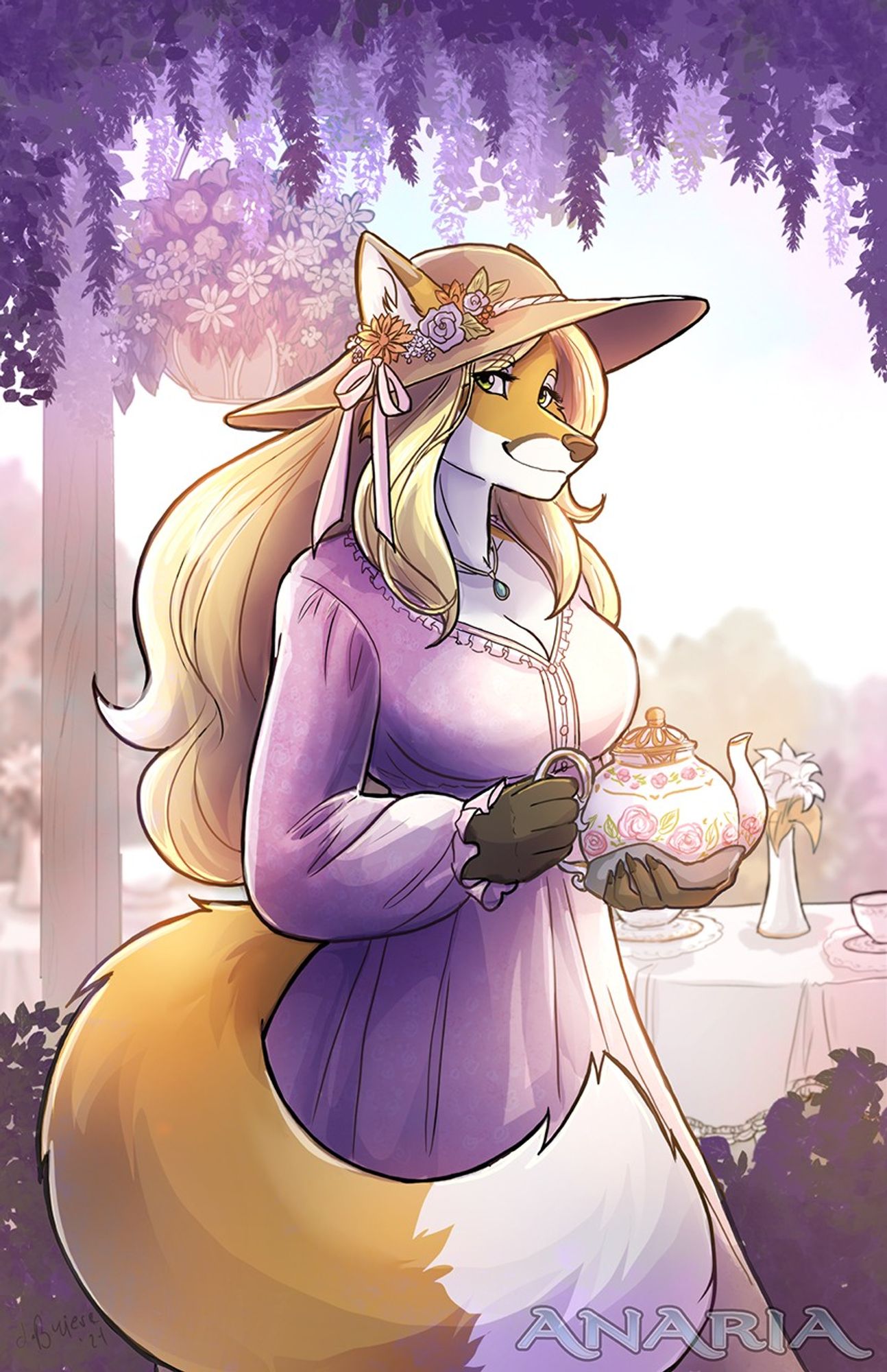 Fox woman holding a tea kettle.