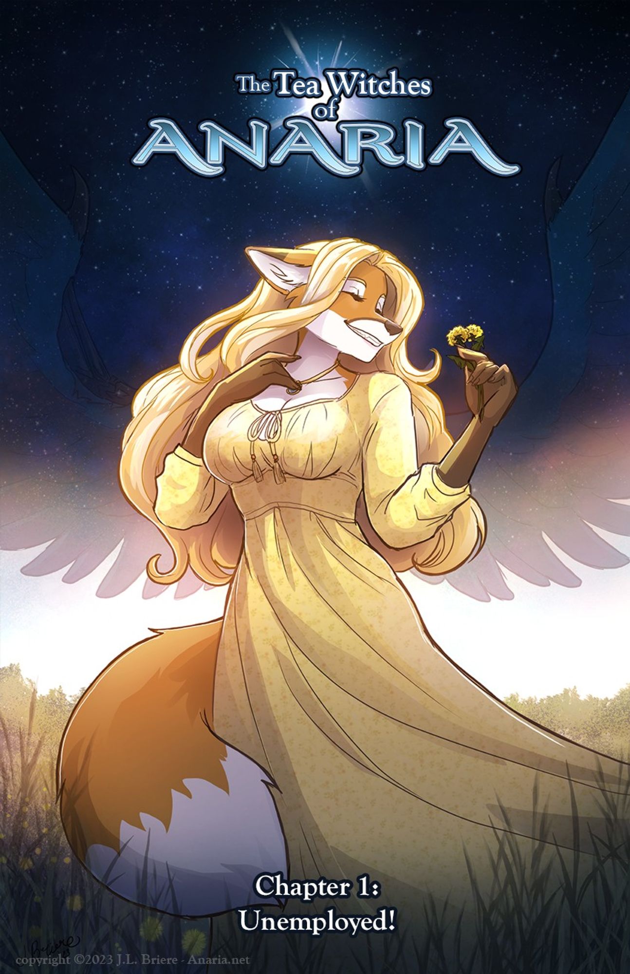 Fox woman holding some dandelions while spinning in a sunny field. behind her are dark wings that fade up into the starry night sky