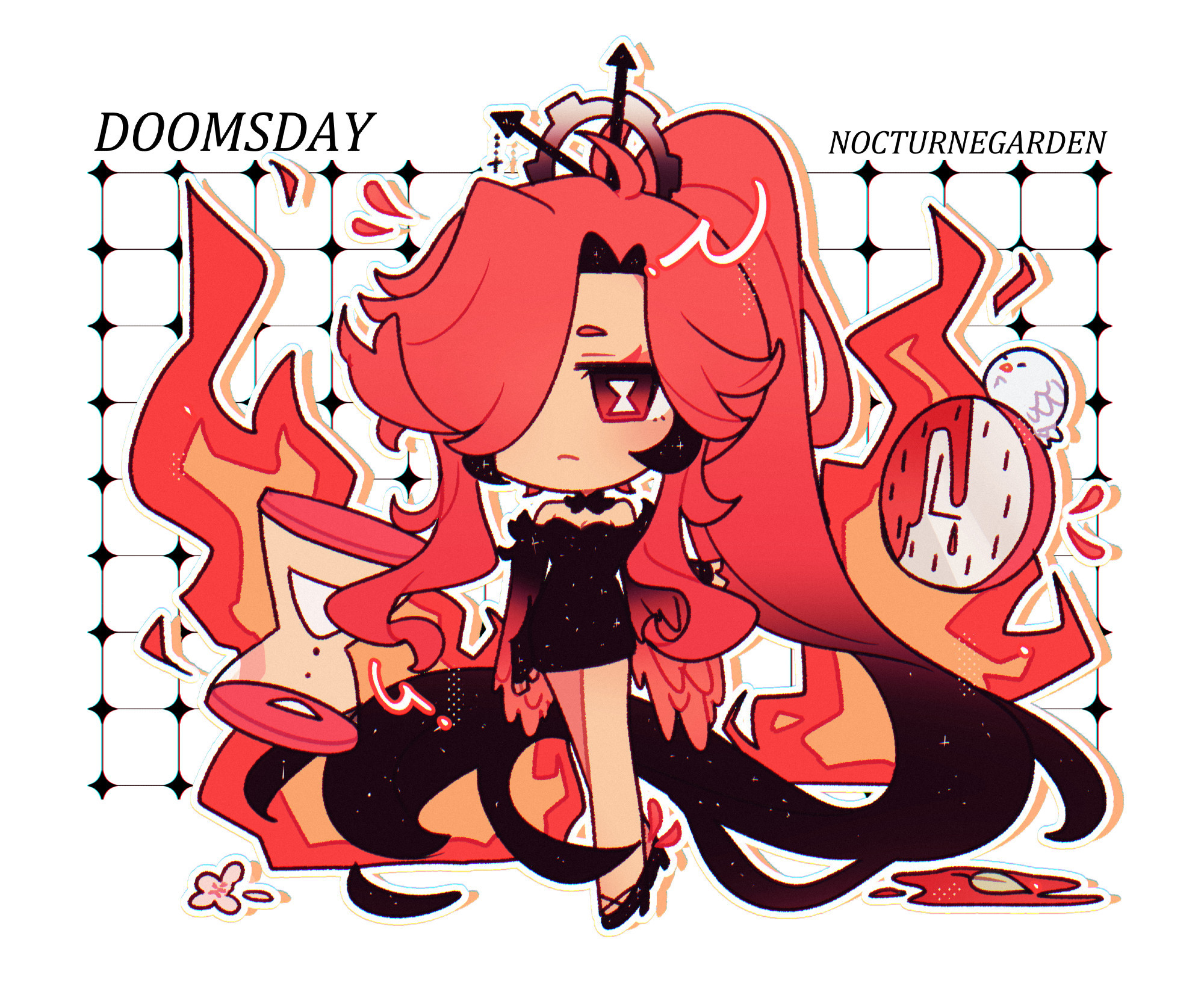 Chibi art of my OC, Doomsday surrounded by fire and clock motifs