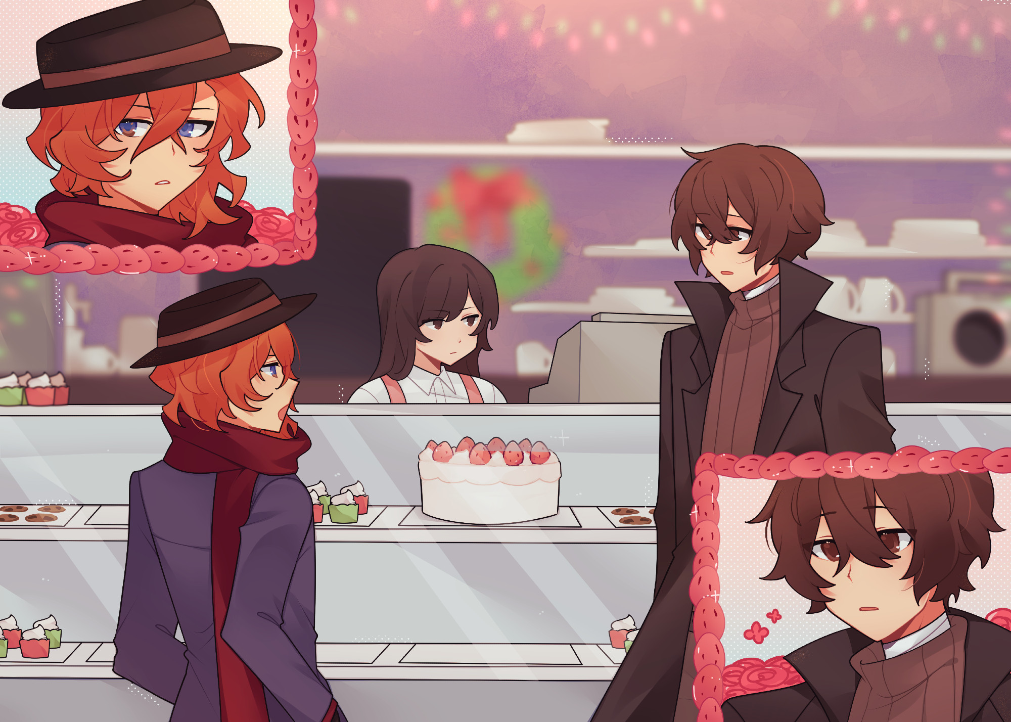 illustration of chuuya nakahara and dazai osamu from bungo stray dogs, in a bakery during christmas