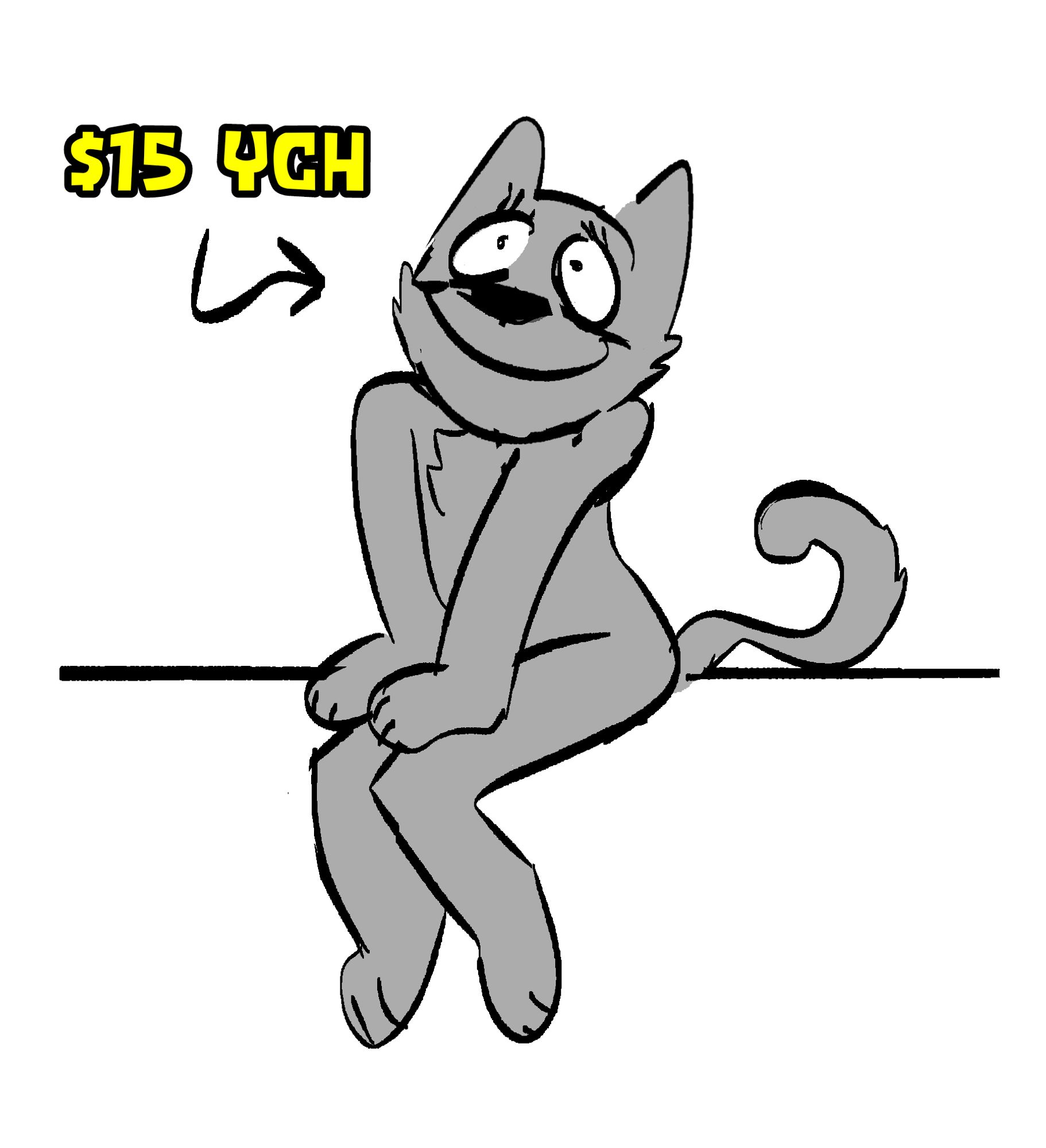 Via alt-bot: A cartoon cat sits on a ledge. It has a goofy expression and is looking off to the side. The text "$15 YCH" is in the top left corner with an arrow pointing to the cat.