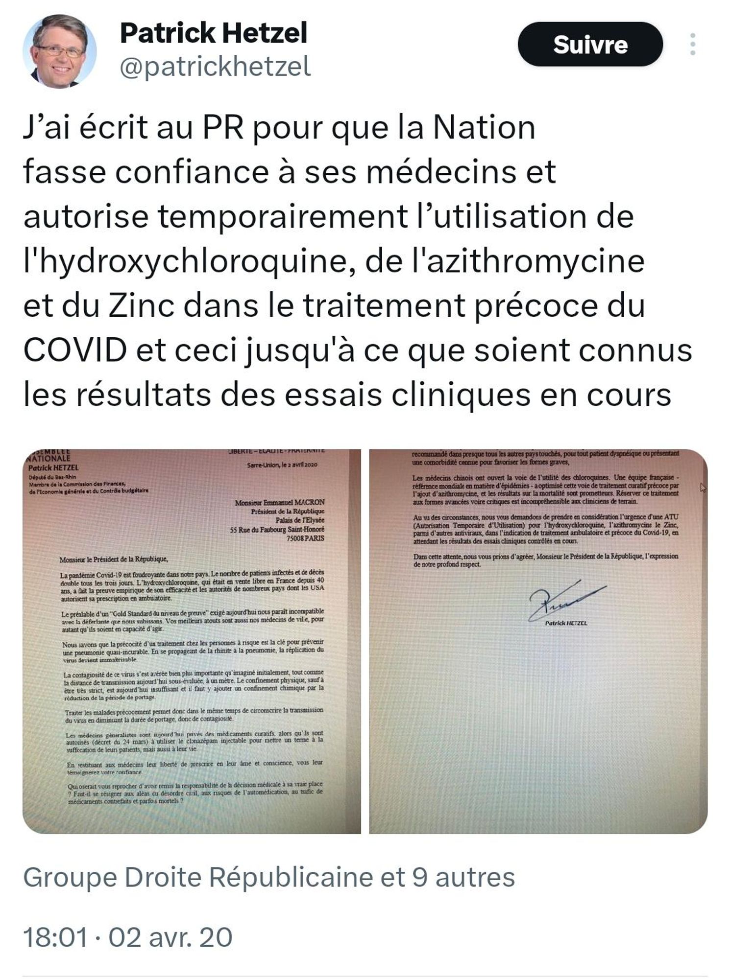 Message de Patrick Hetzel, daté du 2 avril 2020 à 18h01 :
"J’ai écrit au PR pour que la Nation fasse confiance à ses médecins et autorise temporairement l’utilisation de l'hydroxychloroquine, de l'azithromycine et du Zinc dans le traitement précoce du COVID et ceci jusqu'à ce que soient connus les résultats des essais cliniques en cours"
Suivi de deux photos de la lettre envoyée (que je ne retranscris pas, désolé).