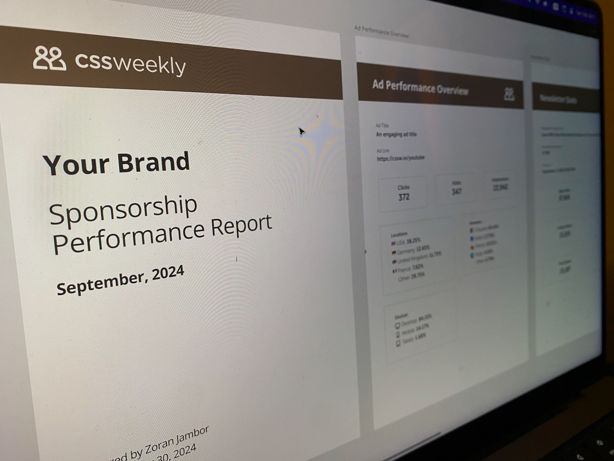 A photo of a laptop screen showing a Figma file with CSS Weekly Sponsorship Performance Report template.