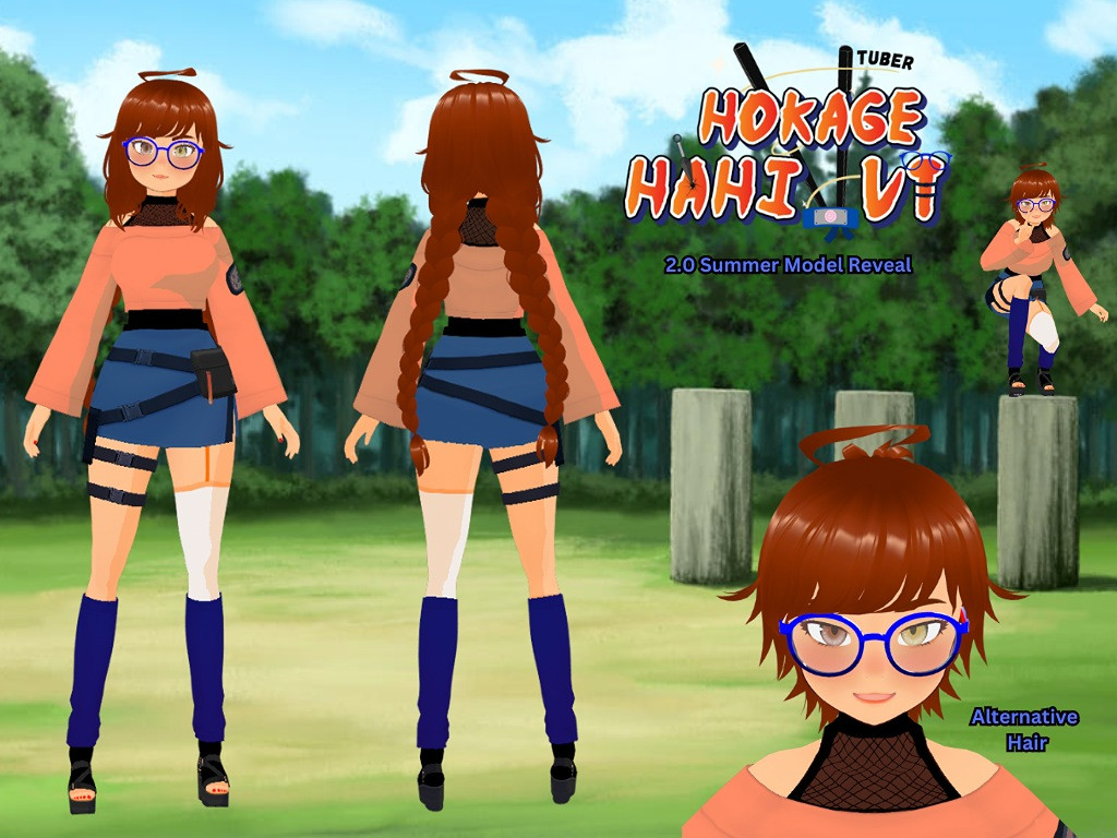 Summer model 2.0 reference sheet for Hokage Hahi showing front and back of model as well as two hairstyles, braids and short hair.