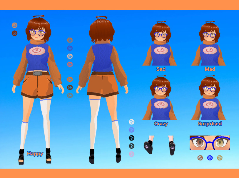 Vtuber Reference Sheet for Hokage Hahi that shows front and back of model and expressions sad, mad, crazy and surprised.