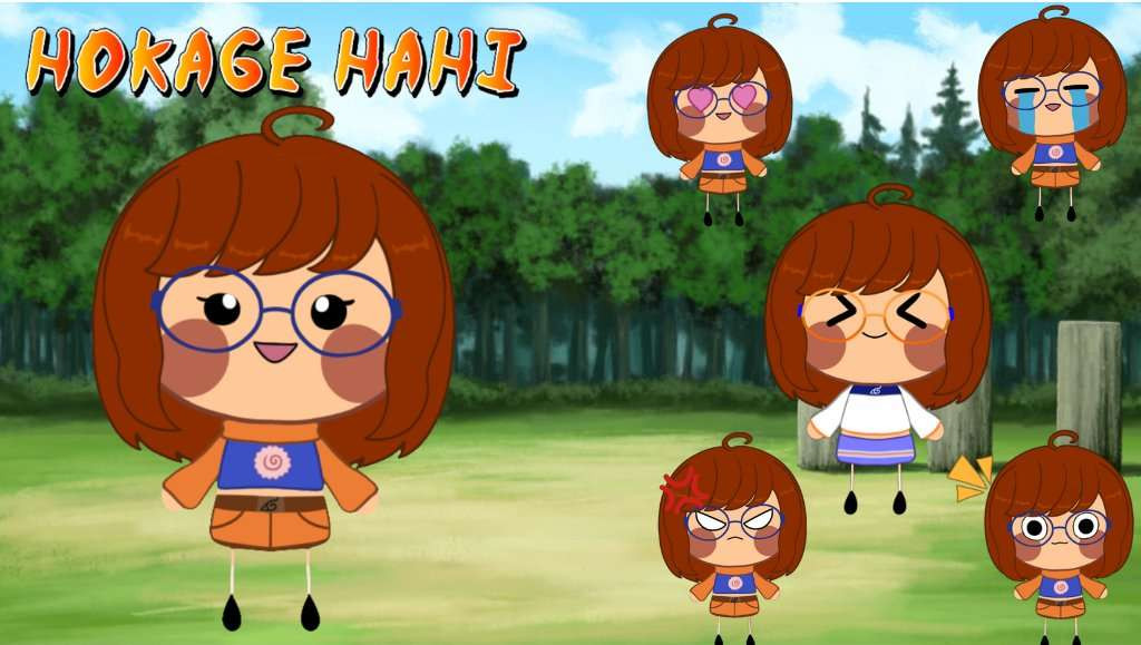 Chibi vtuber reference sheet for Hokage Hahi showing expressions neutral, love, crying, angry, surprised, laughing.