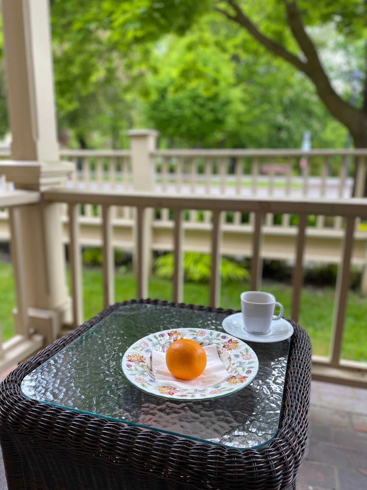 A table with a cup of espresso, an orange on a flower-covered china plate, sitting on a patio table overlooking a green park across the road.